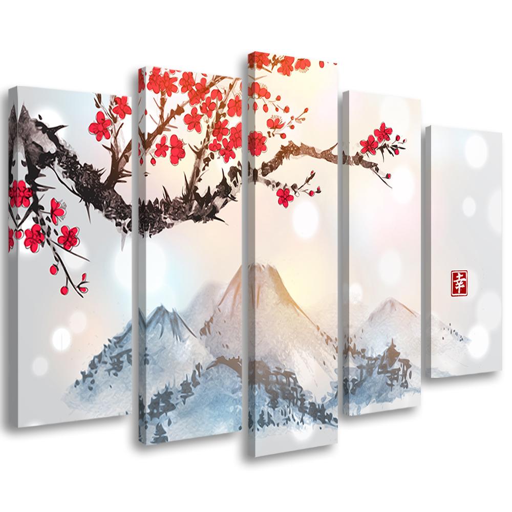 5 stykke lærredstryk, Japan Cherry Blossom Mountains