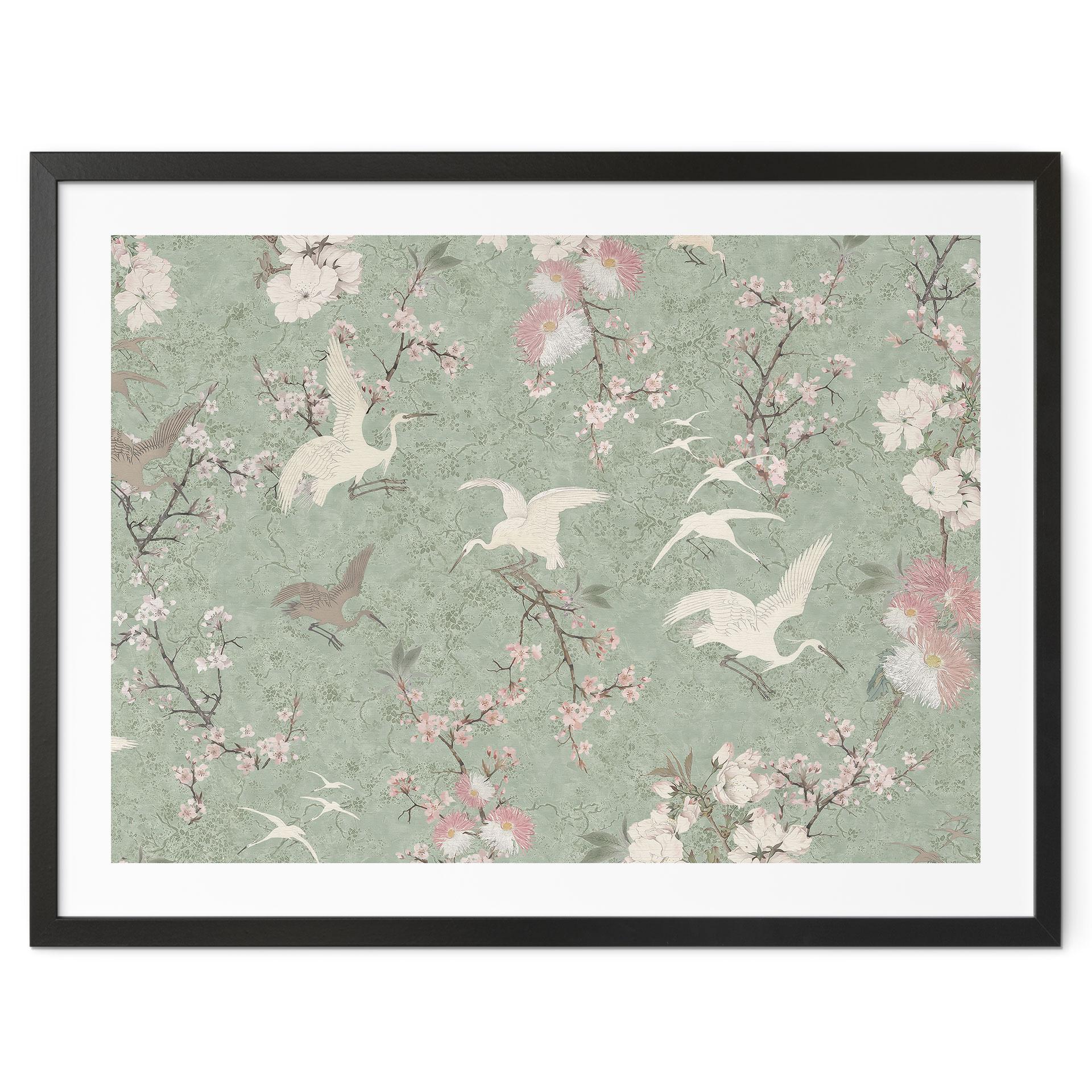 Kraner på plakat i kirsebærblomst Rush Green - Bloomery Decor