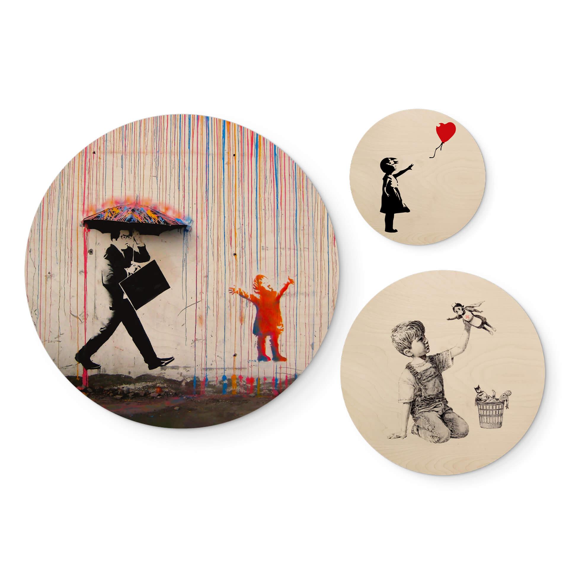 Banksy Billede af træ - Street art sæt - Rundt (3 stk.)