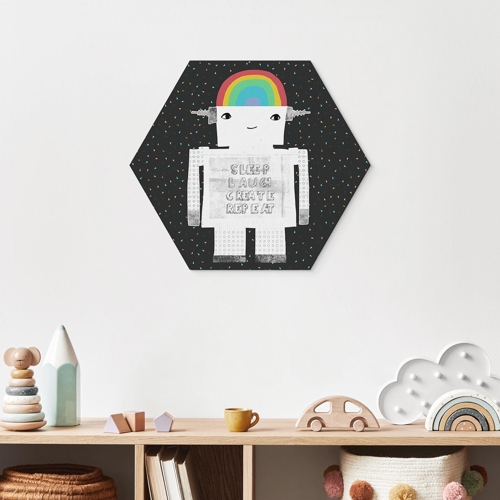 Sekskantet Billede regnbuerobot Sleep Laugh Create - Treechild - aluminium dibond
