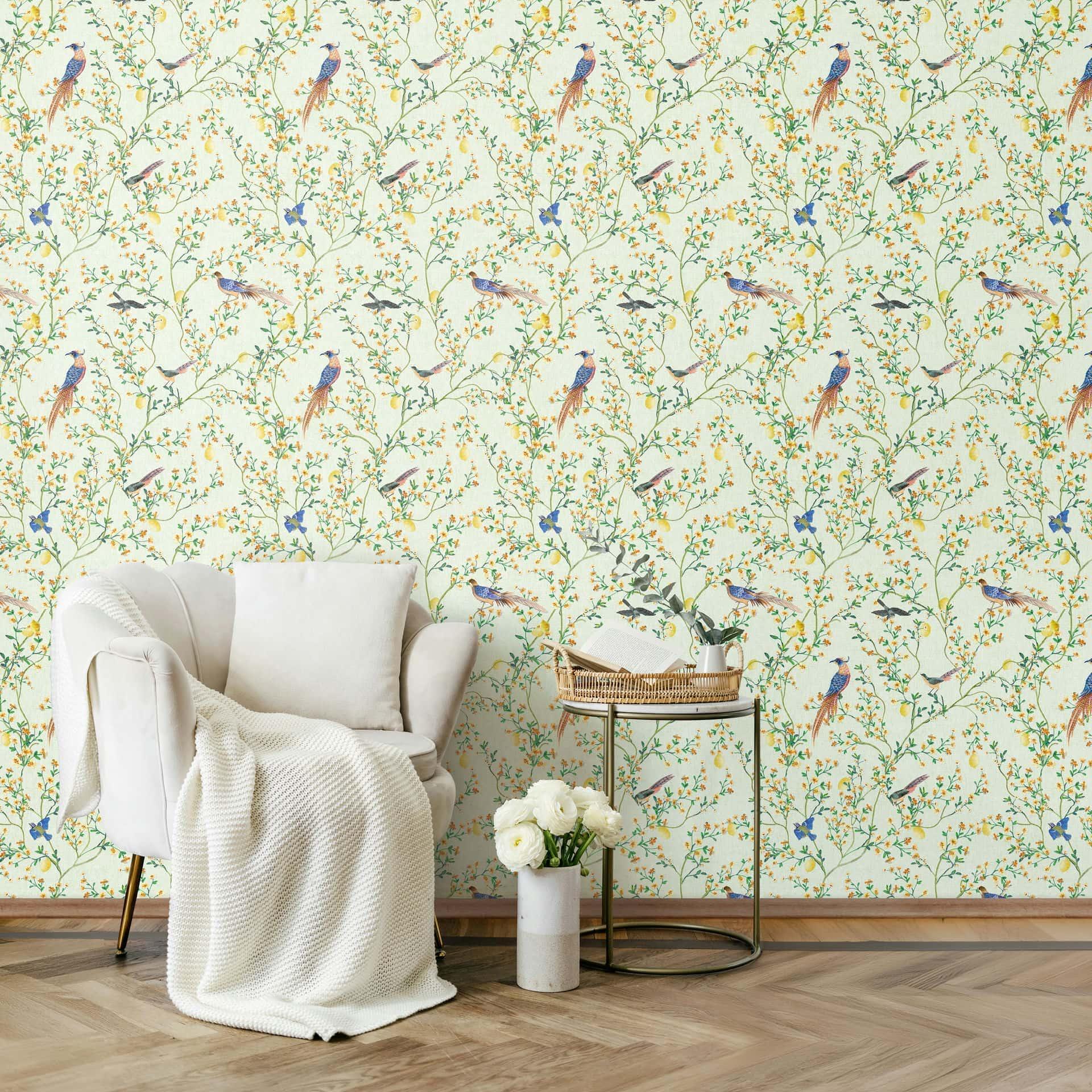 Vliesbehang vogels, bloemen bloemen natuur mat in groen