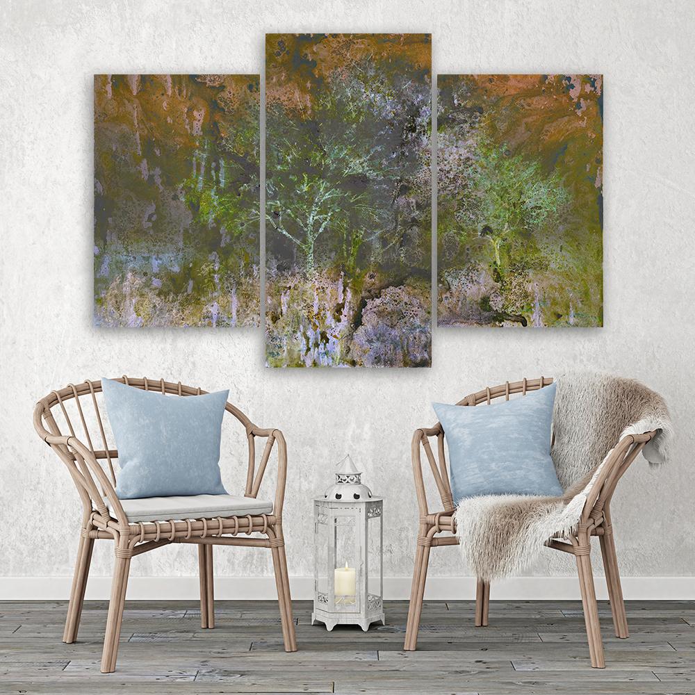 3 stykke lærredstryk, et blomstrende træ i rustengen