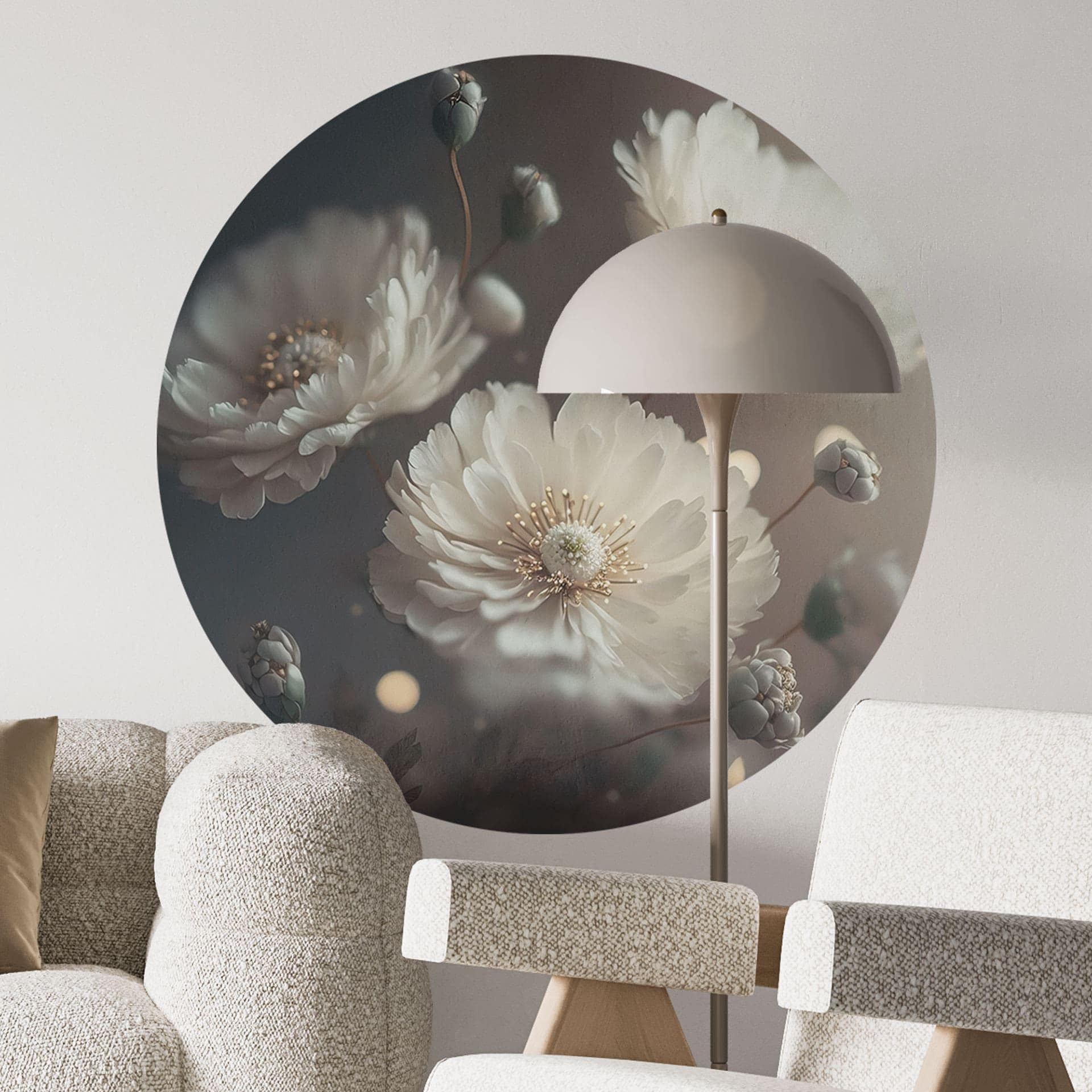 Wallsticker Hvide blomster med guldstøv - Treechild - Rund