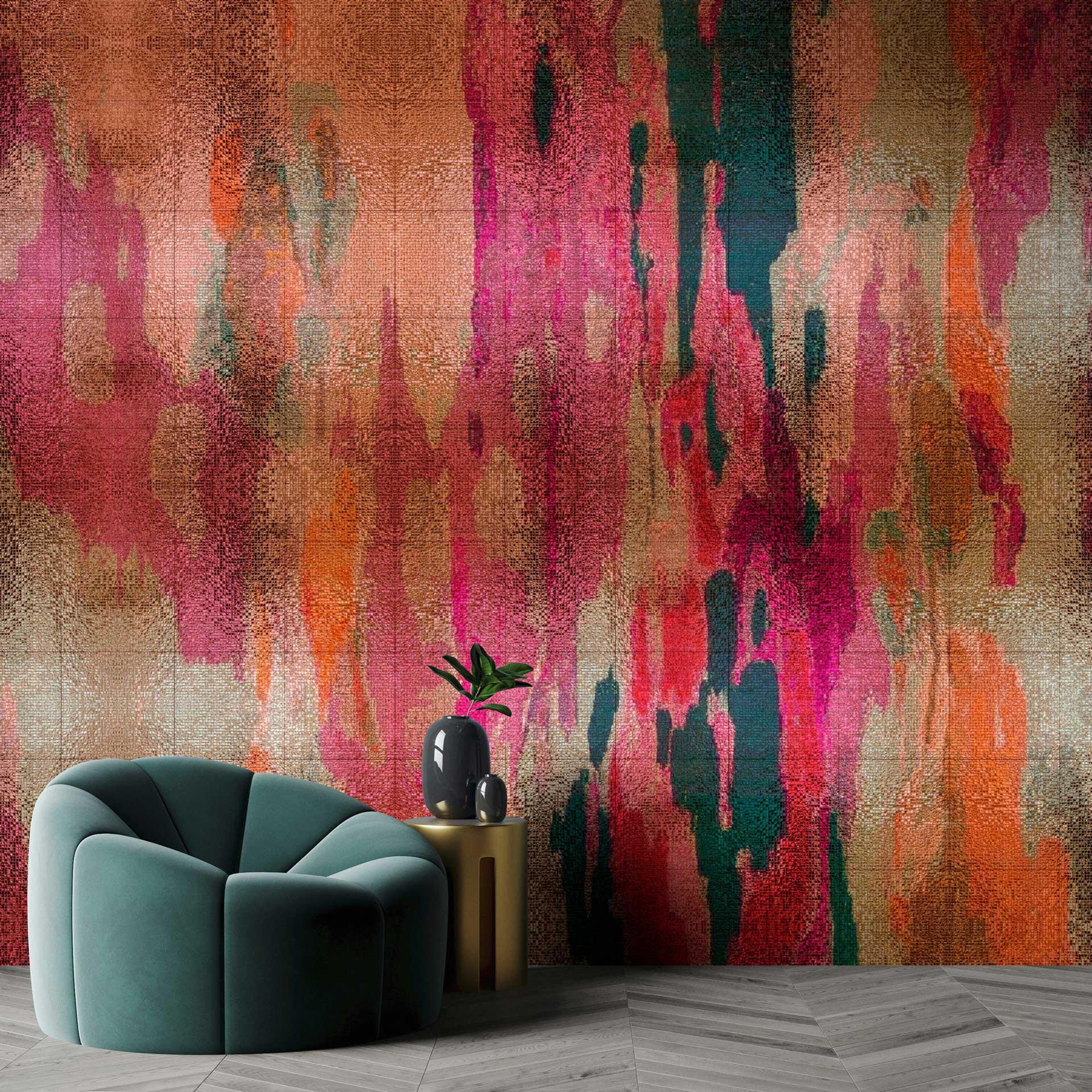 Abstrakt kunsttapet - koralrød og orange på en beige baggrund - non-woven