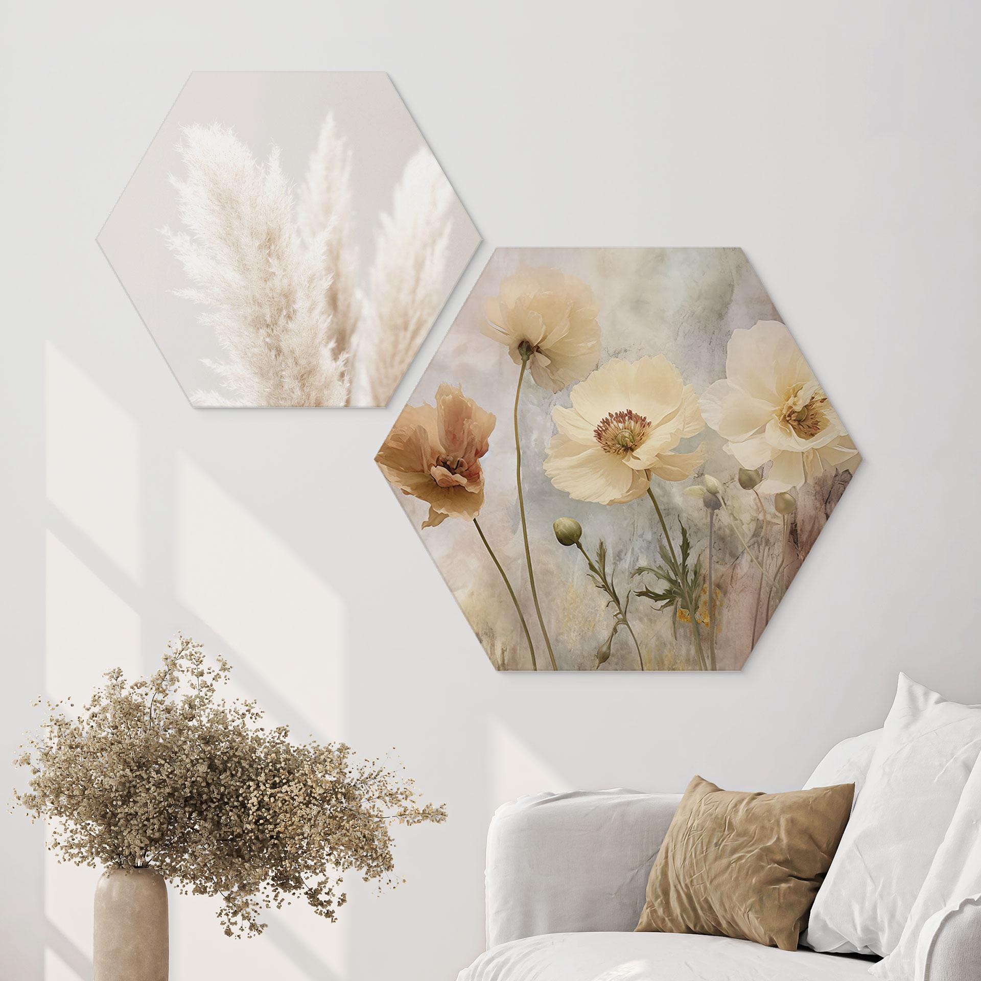 Hexagon Wandbild Blumenpracht in warmen Pastelltönen - Paksoylu - Alu-Dibond