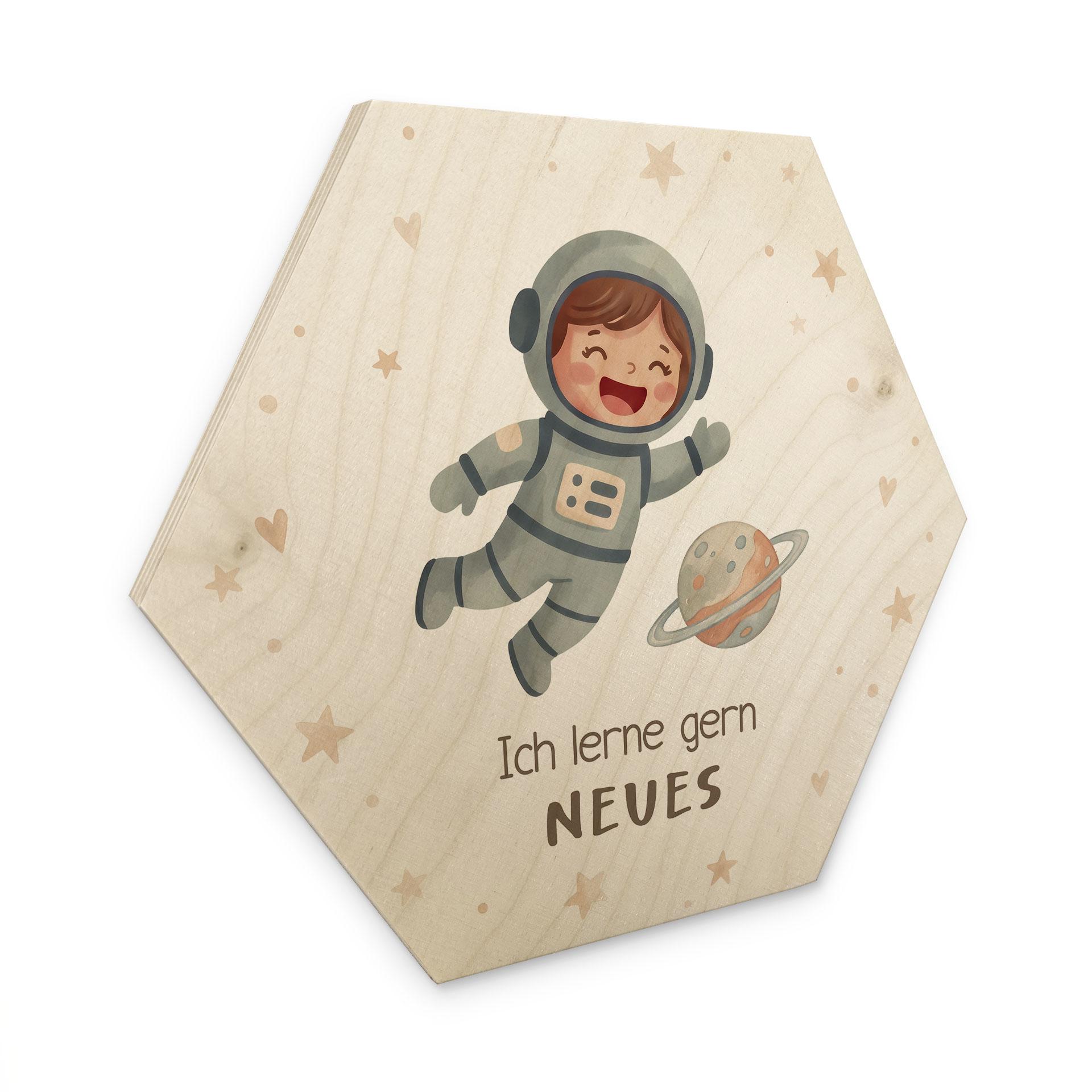 Holzbild Hexagon mit Astronautin - Bestärkung 'Ich lerne gern Neues'