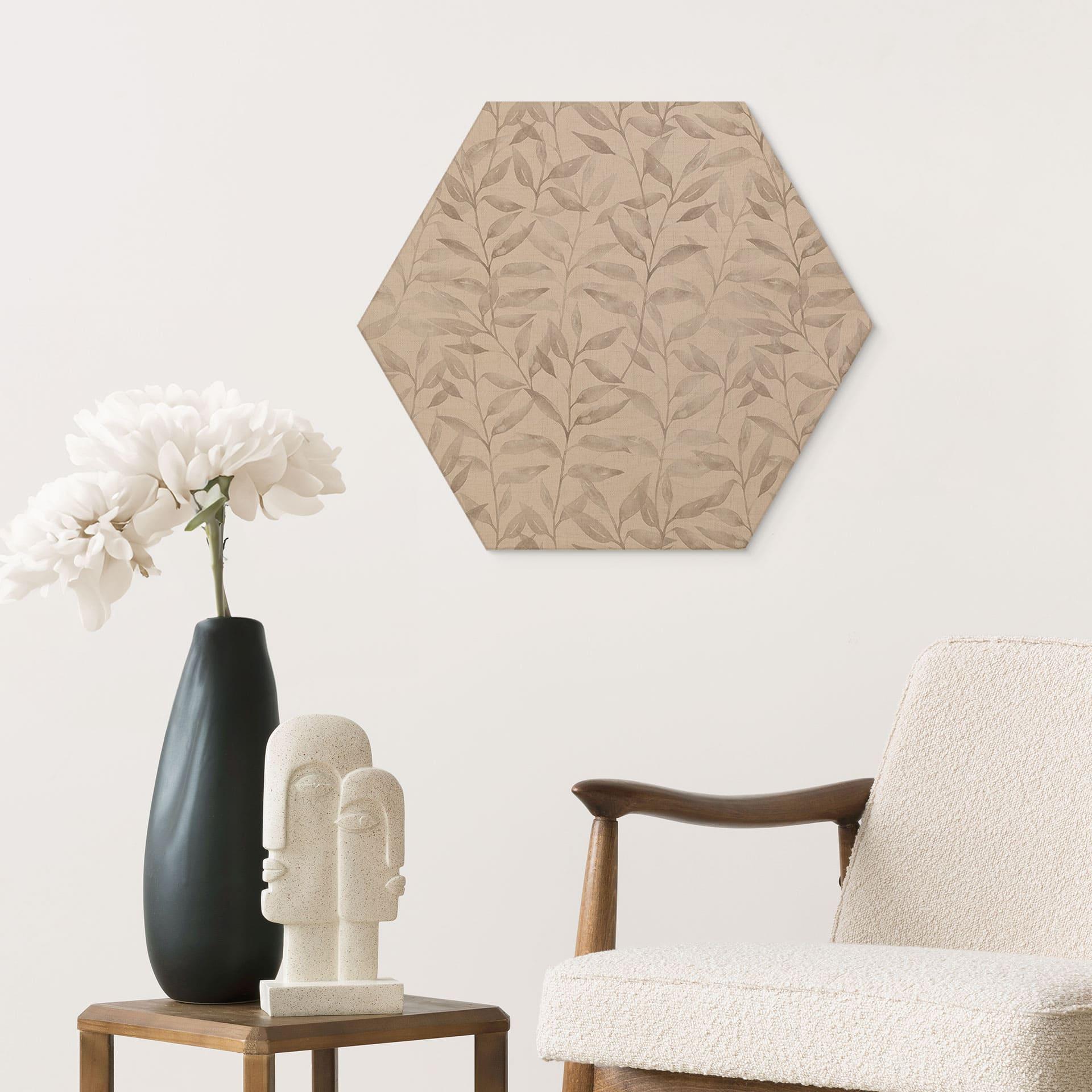 Sekskantet Billede af træ Delikate akvarelblade - blød grå - Bloomery Decor