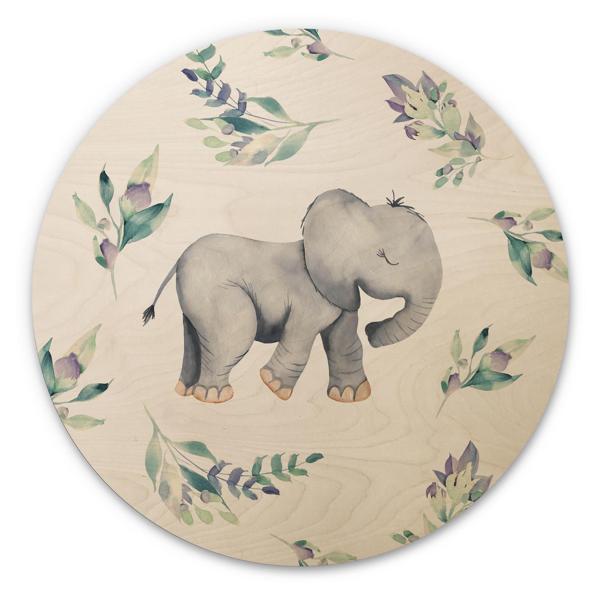 Væg cirkel træ Sød babyelefant mellem boho-grene - UN Designs