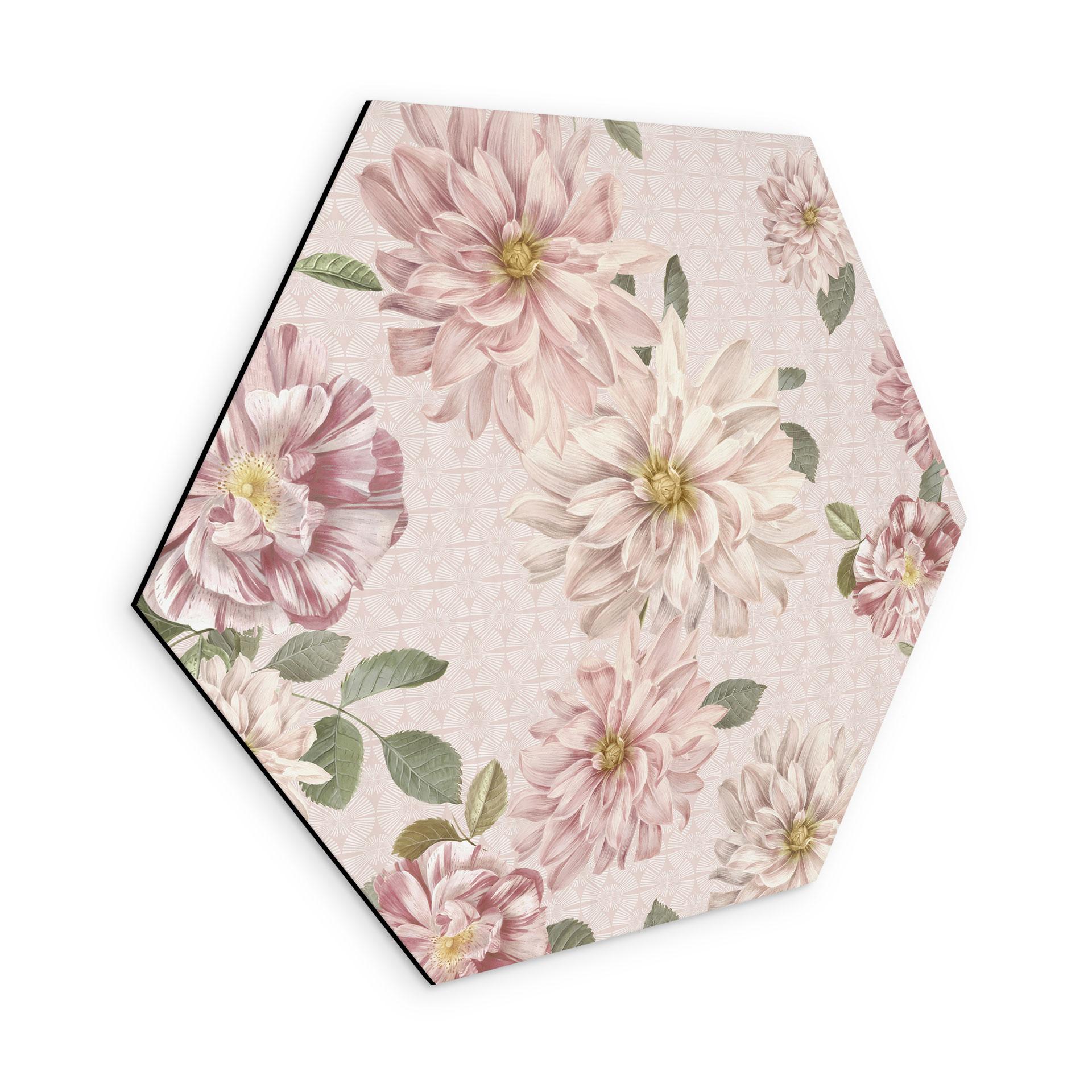 Sekskantet Billede Dahliaer Shabby Chic Pink - Blomsterdekoration - Aluminium Dibond