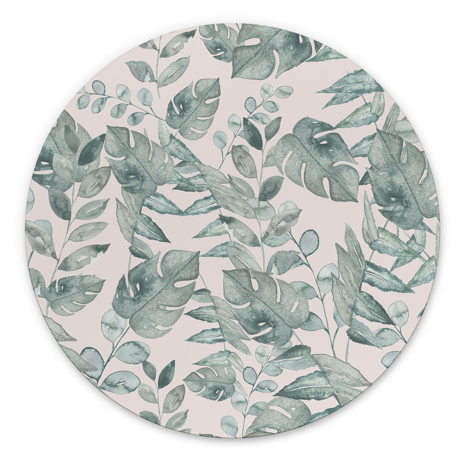 Billede Jungle Leaves Watercolour Cream - Bloomery Decor - rund – print på aluminium (Alu-Dibond)