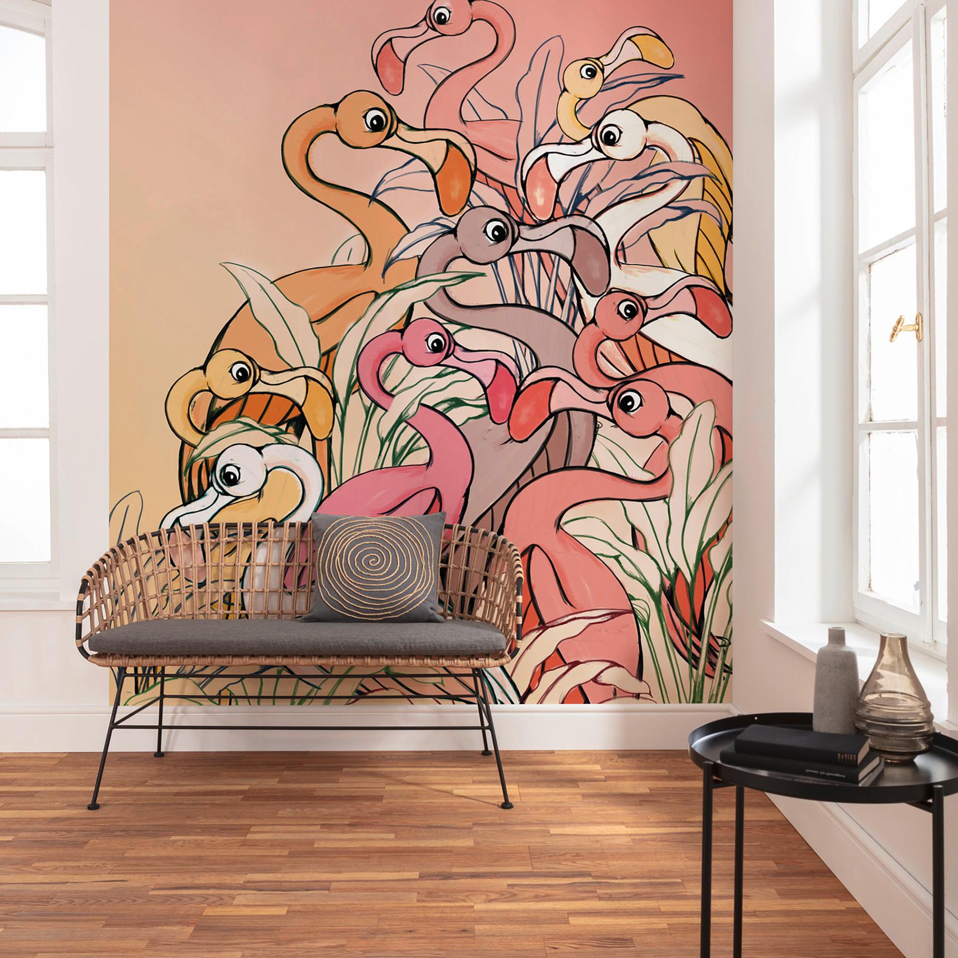 Vlies behang - Flamingo's en Lelies - 200 x 280 cm