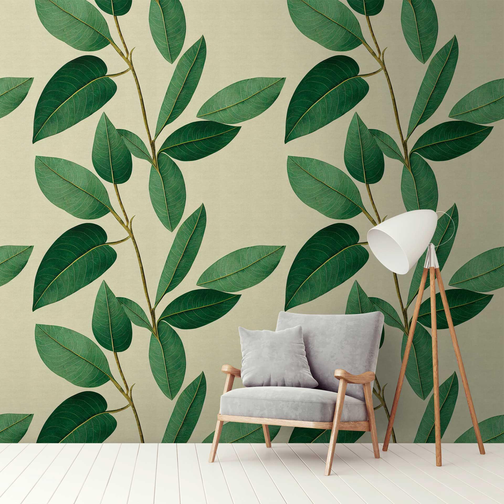 Fototapet med store blade i grønne toner - plantemotiv - moderne non-woven tapet