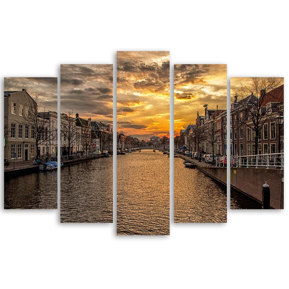 Lærredstryk 5 stykker, Amsterdam kanalhuse by