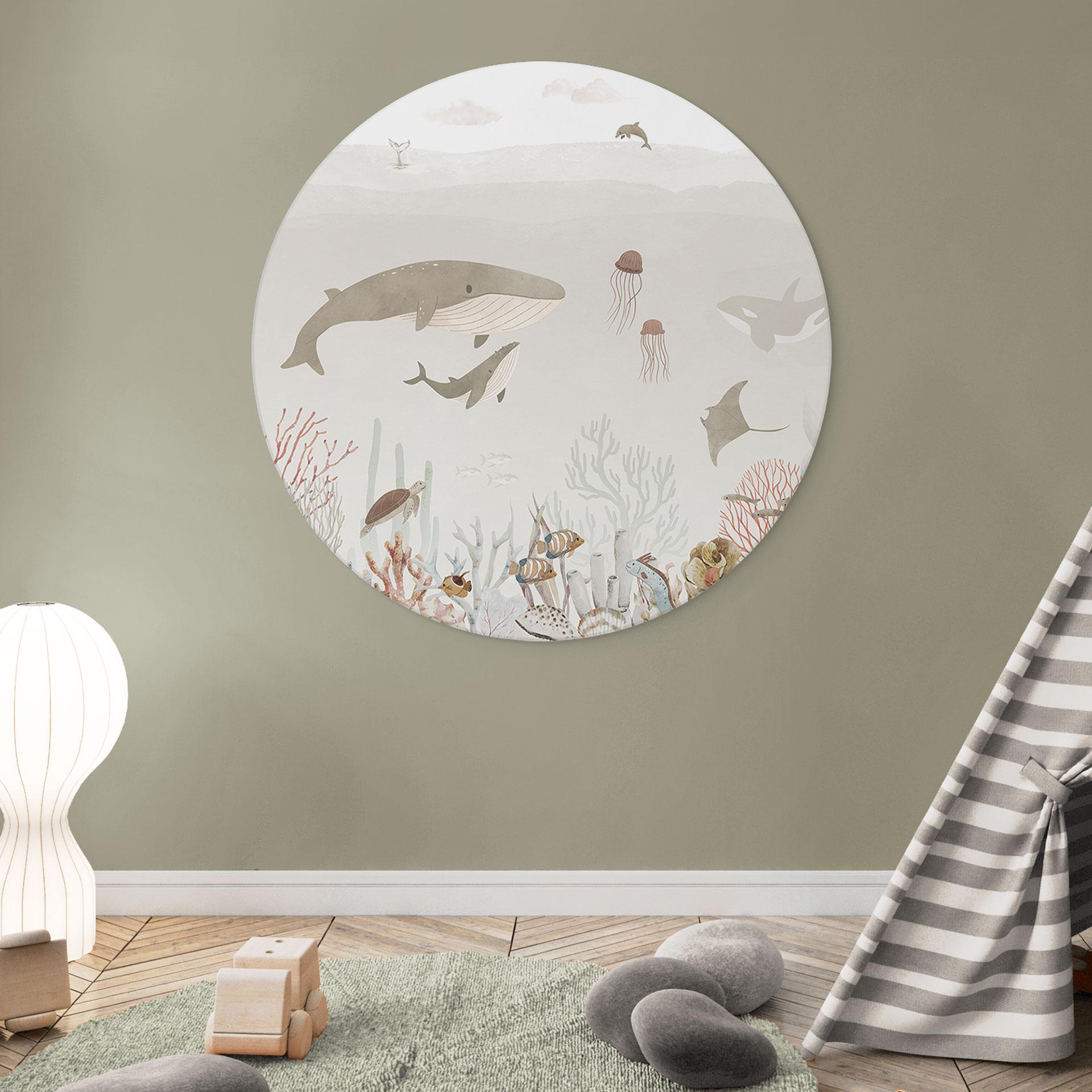 Kinderzimmer Wandbild Wale und ihre Freunde in der Unterwasserwelt - Oliver Robins - Alu-Dibond Rund