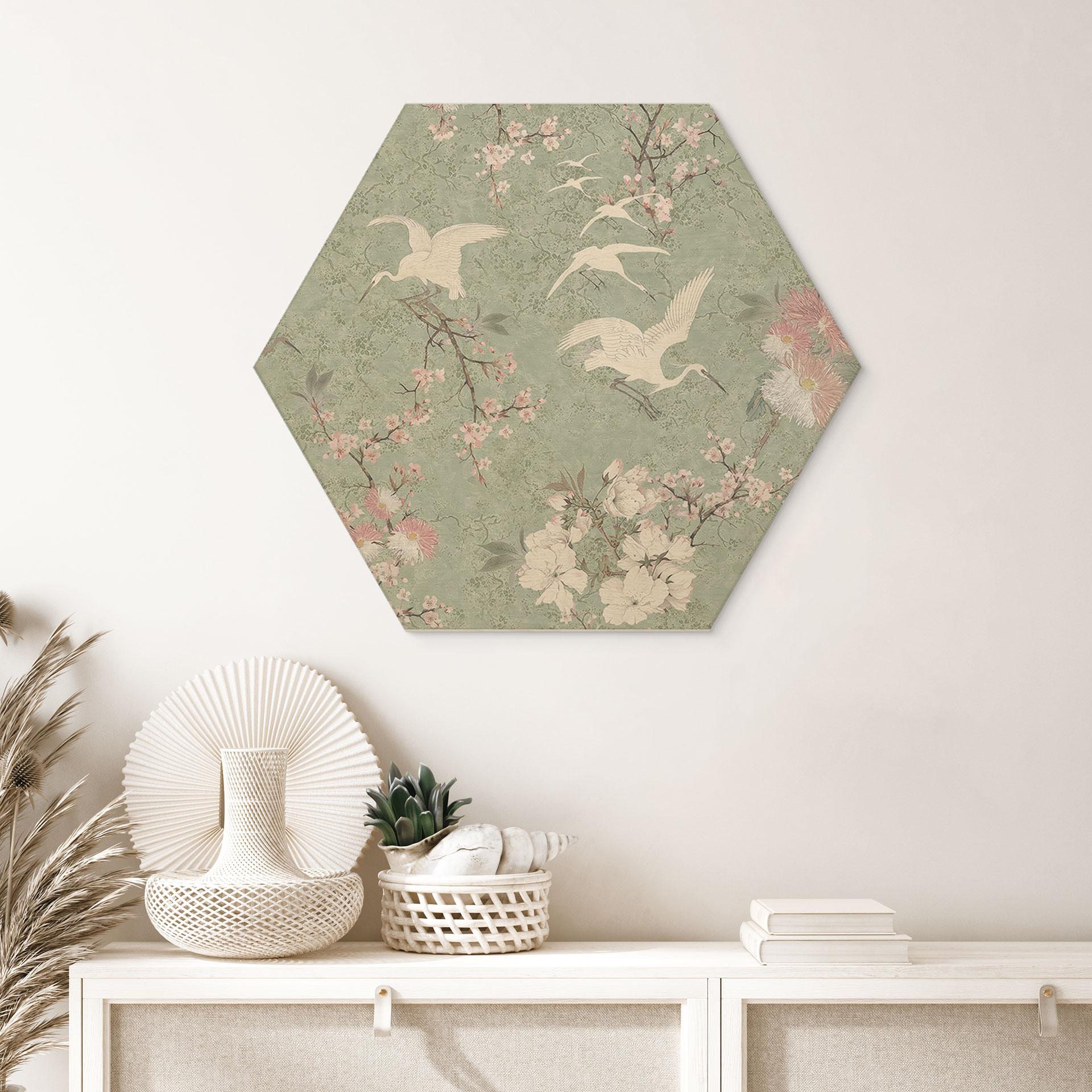 Sekskantede billeder af træ i kirsebærblomstrende grøn - Bloomery Decor