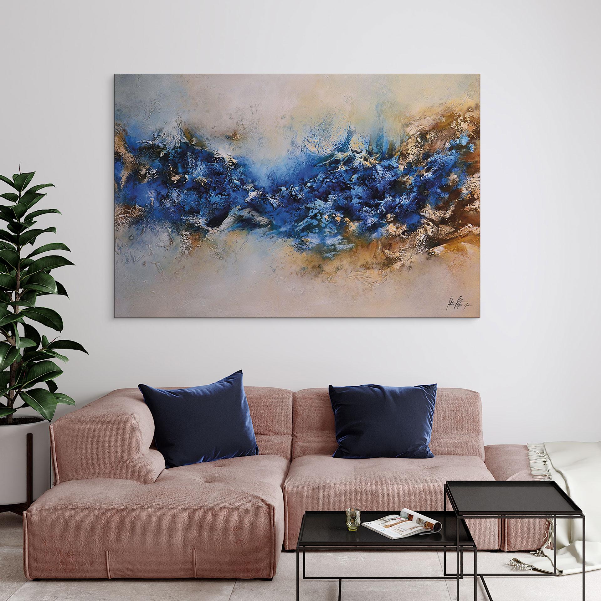 Wandbild Blau-goldene Interaktion - Fedrau - Alu-Dibond