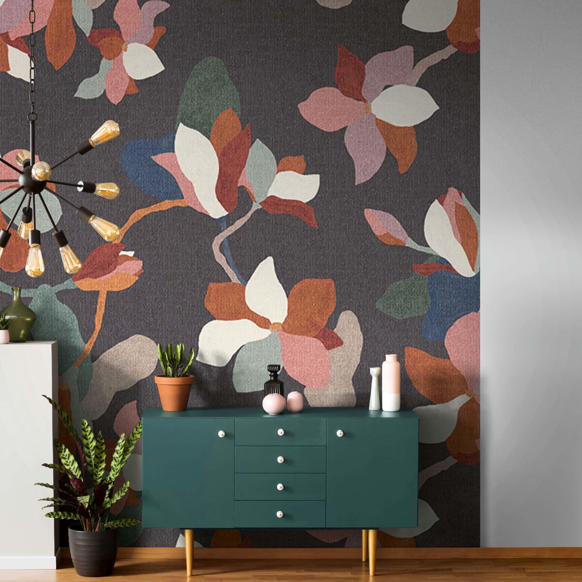 Fototapet blomster, blade blomstret natur, moderne i antracit