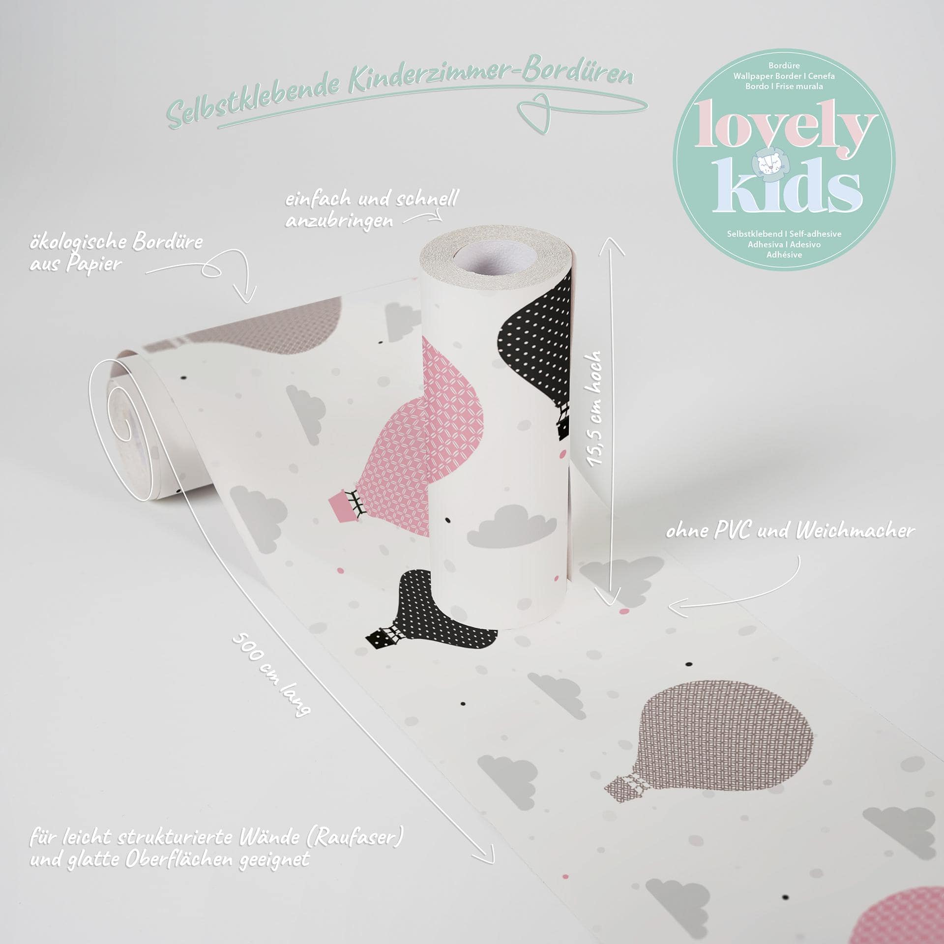 A.S. Création Lovely Kids Frise autocollante enfant - Rosé, Gris