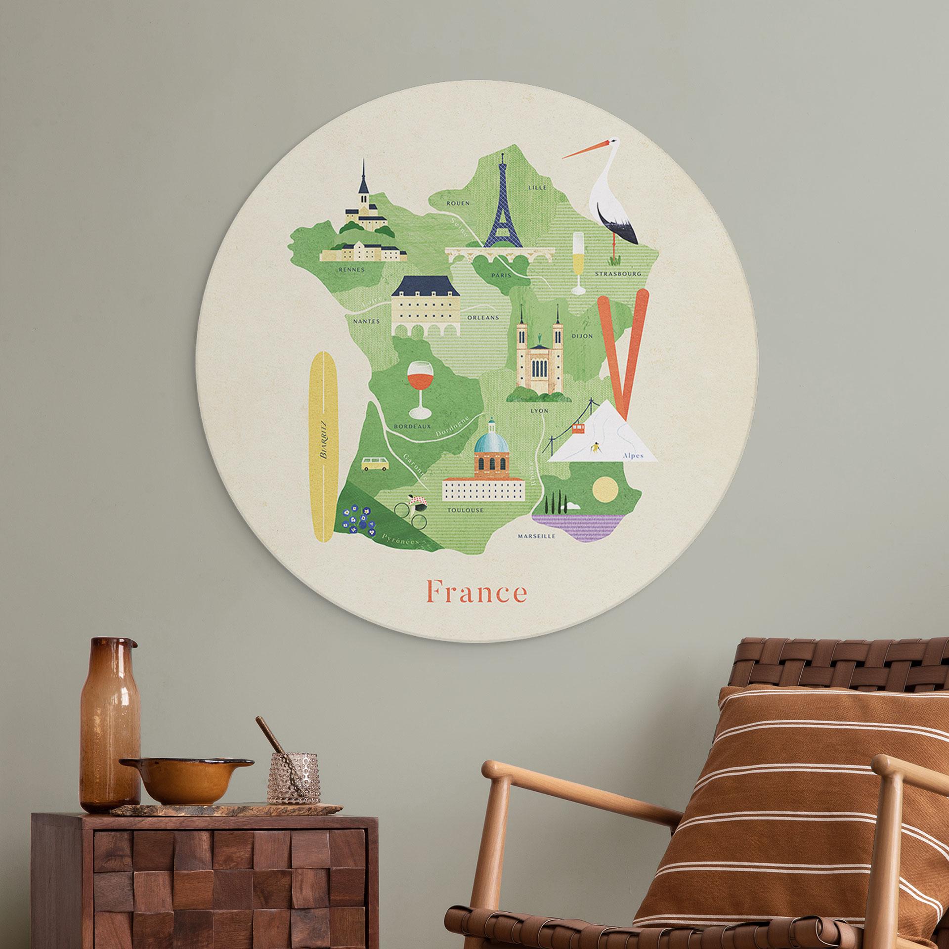 Wandbild Karte von Frankreich - Rivers - Rund - Alu-Dibond
