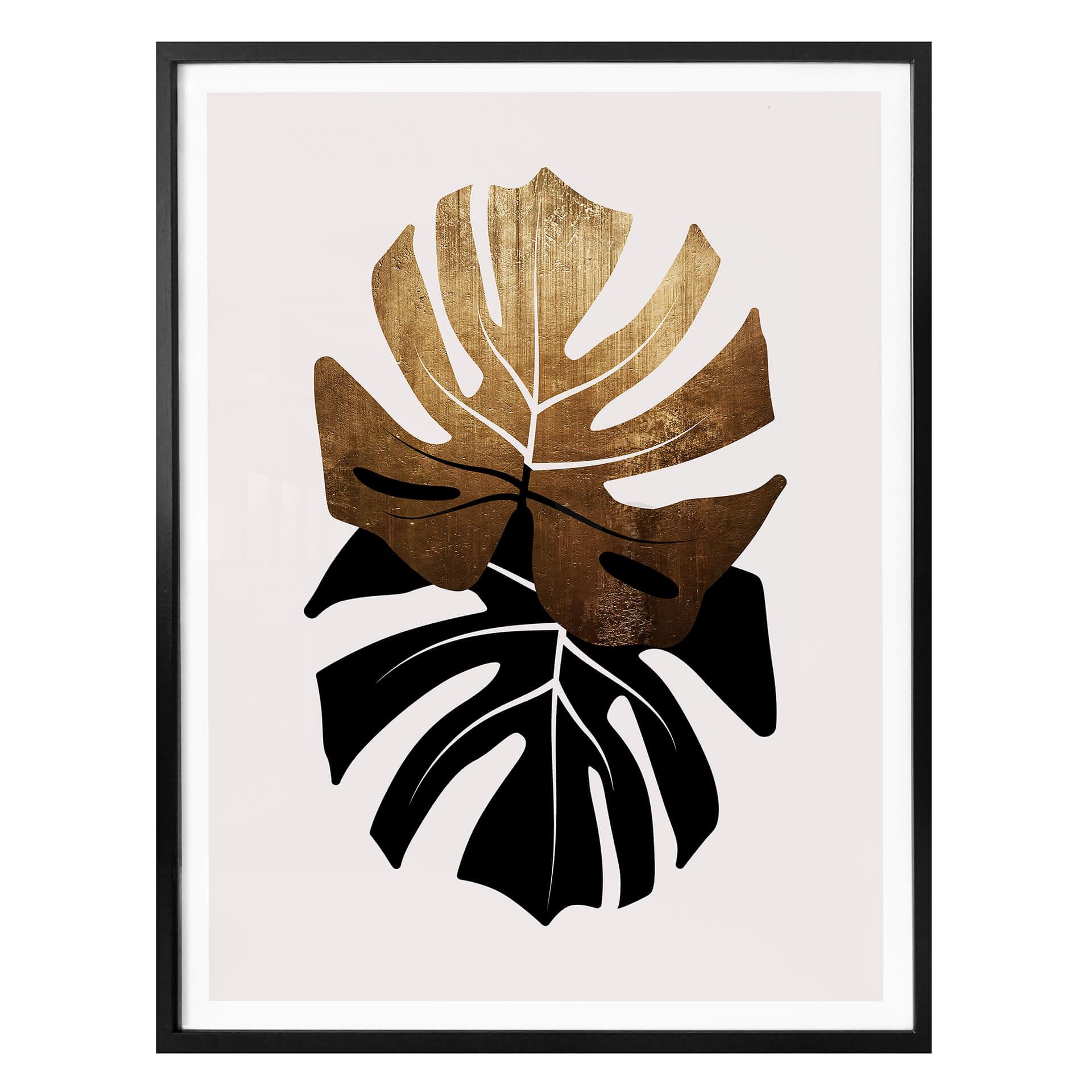 Poster Kubistika - Hojas de monstera negras y doradas