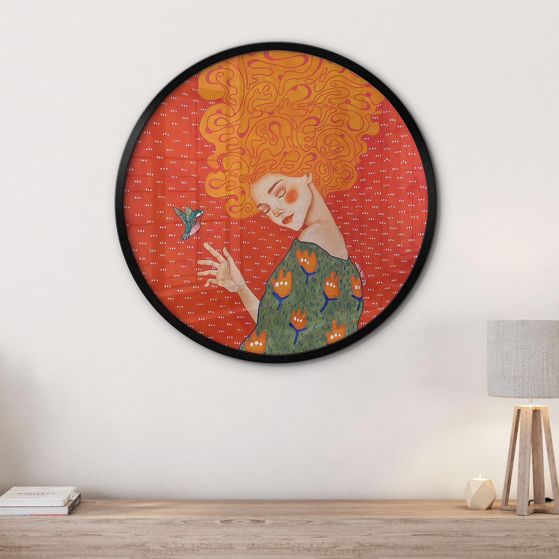 Plakat med kolibri og kvinde i rødt lys - Hülya - Round