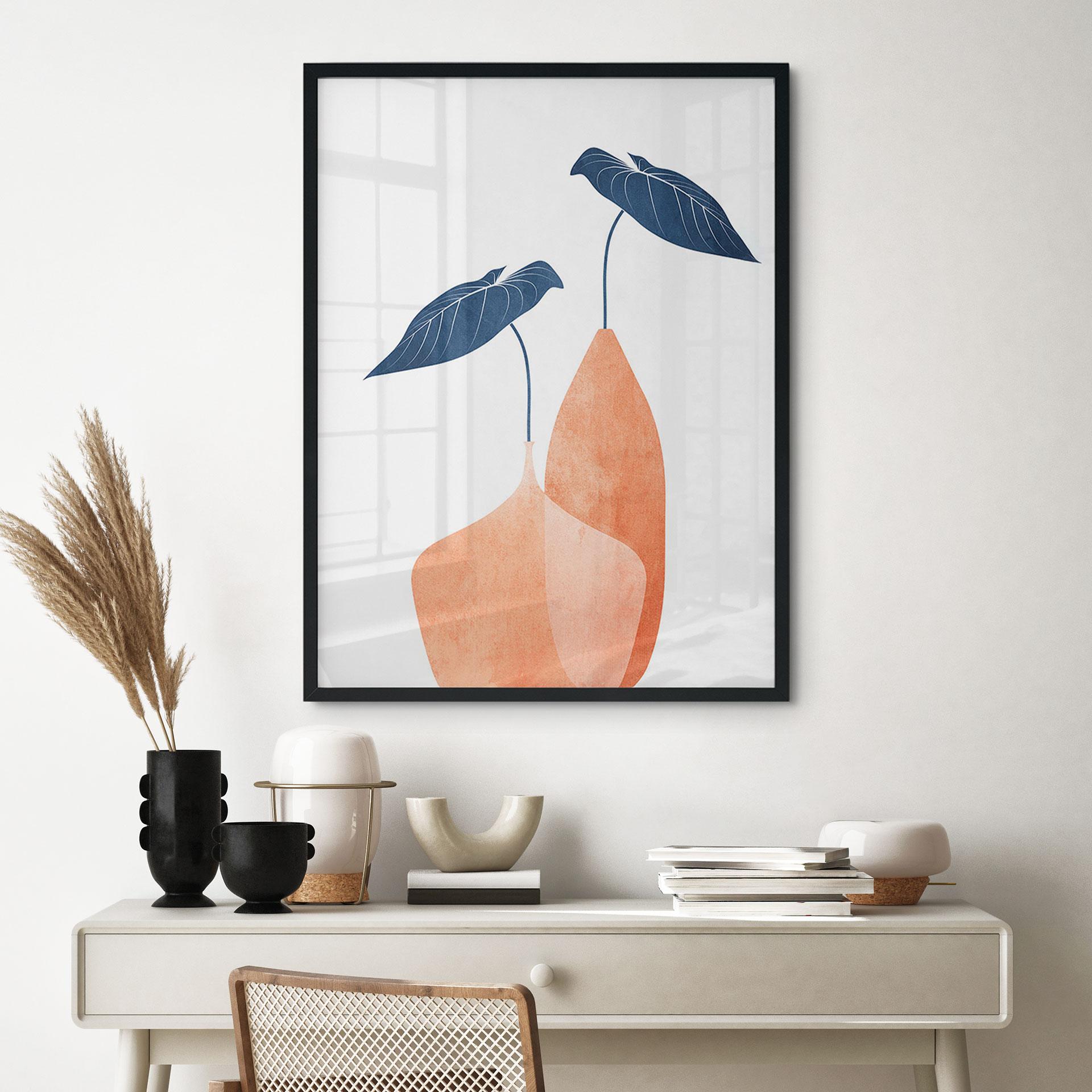 Plakat Monstera-blade i to abrikosfarvede vaser - Kubistika