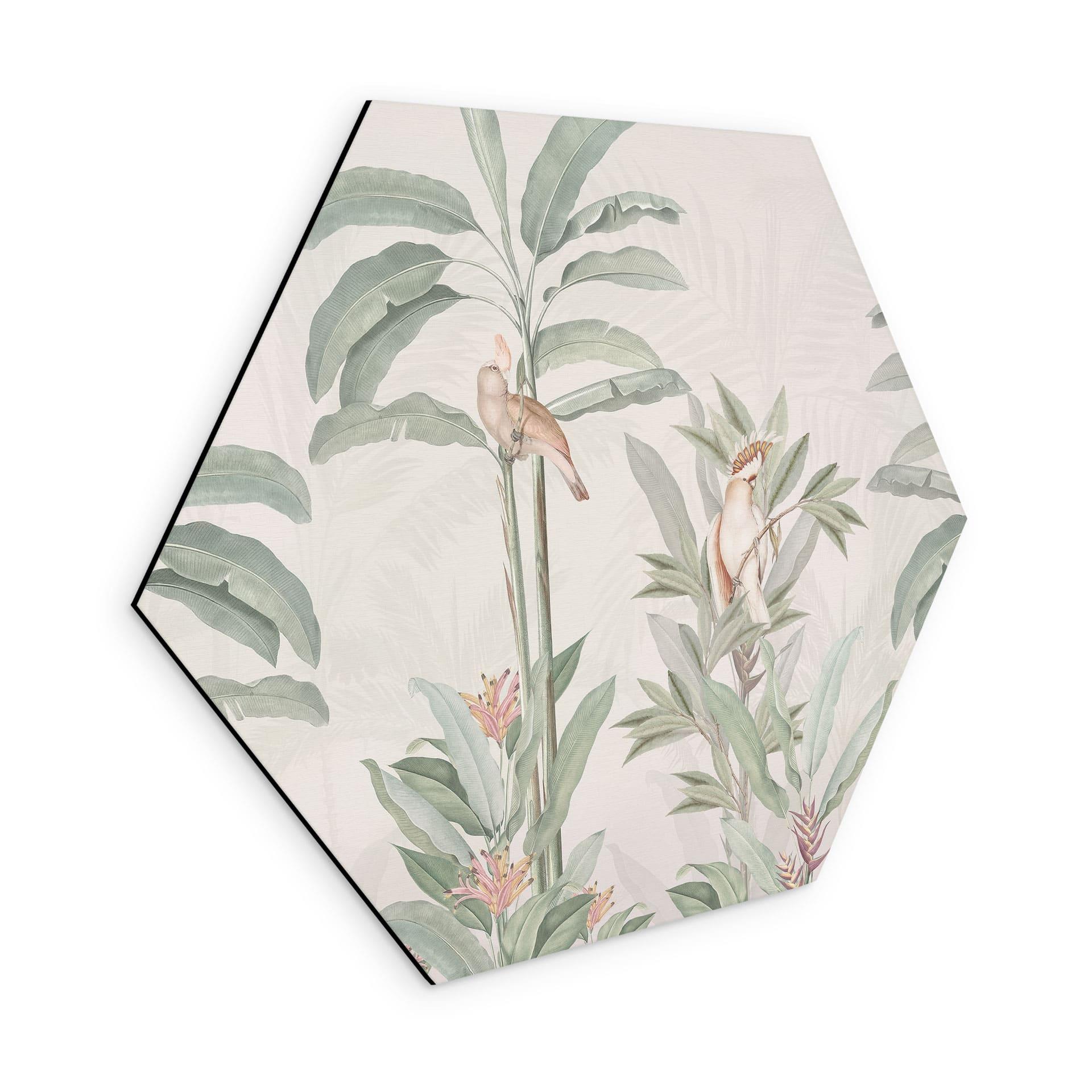 Sekskantet billede Tropisk skov med kakaduer - Bloomery Decor - Aluminium dibond