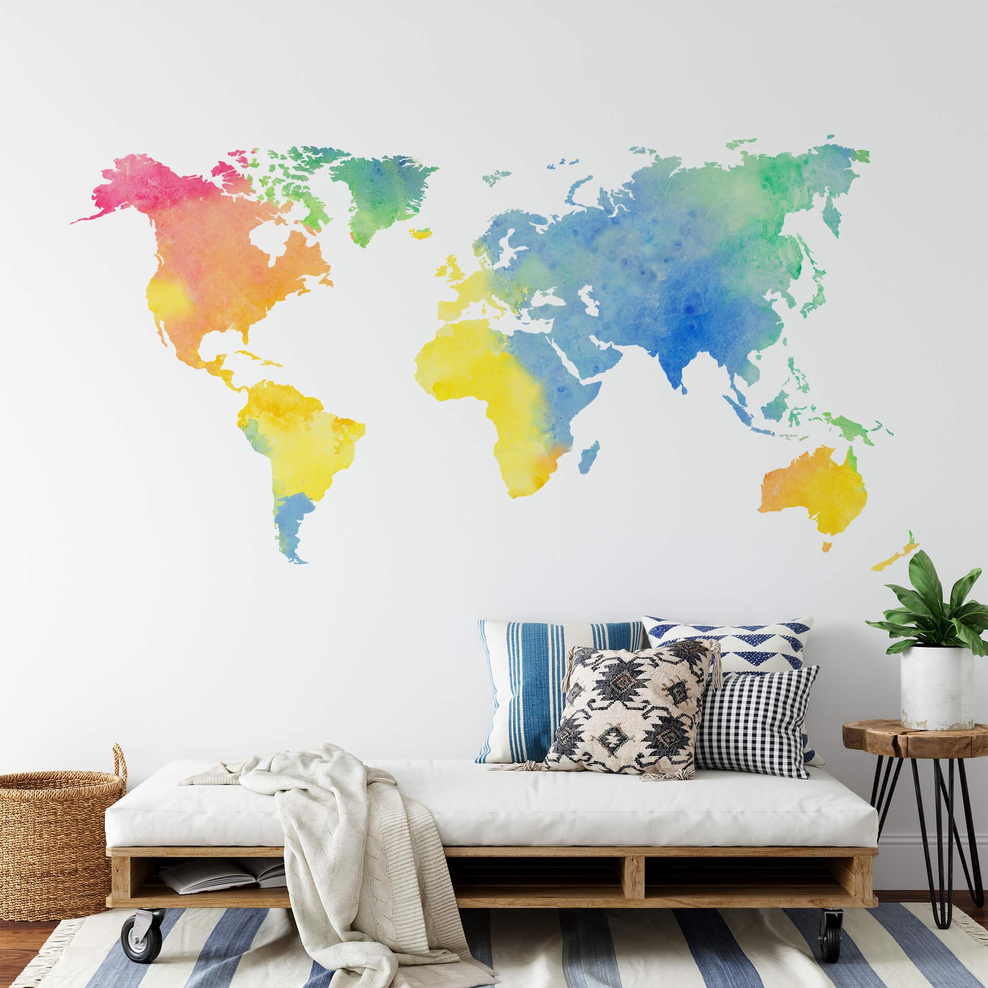 Wallsticker - Verdenskort i vandfarver