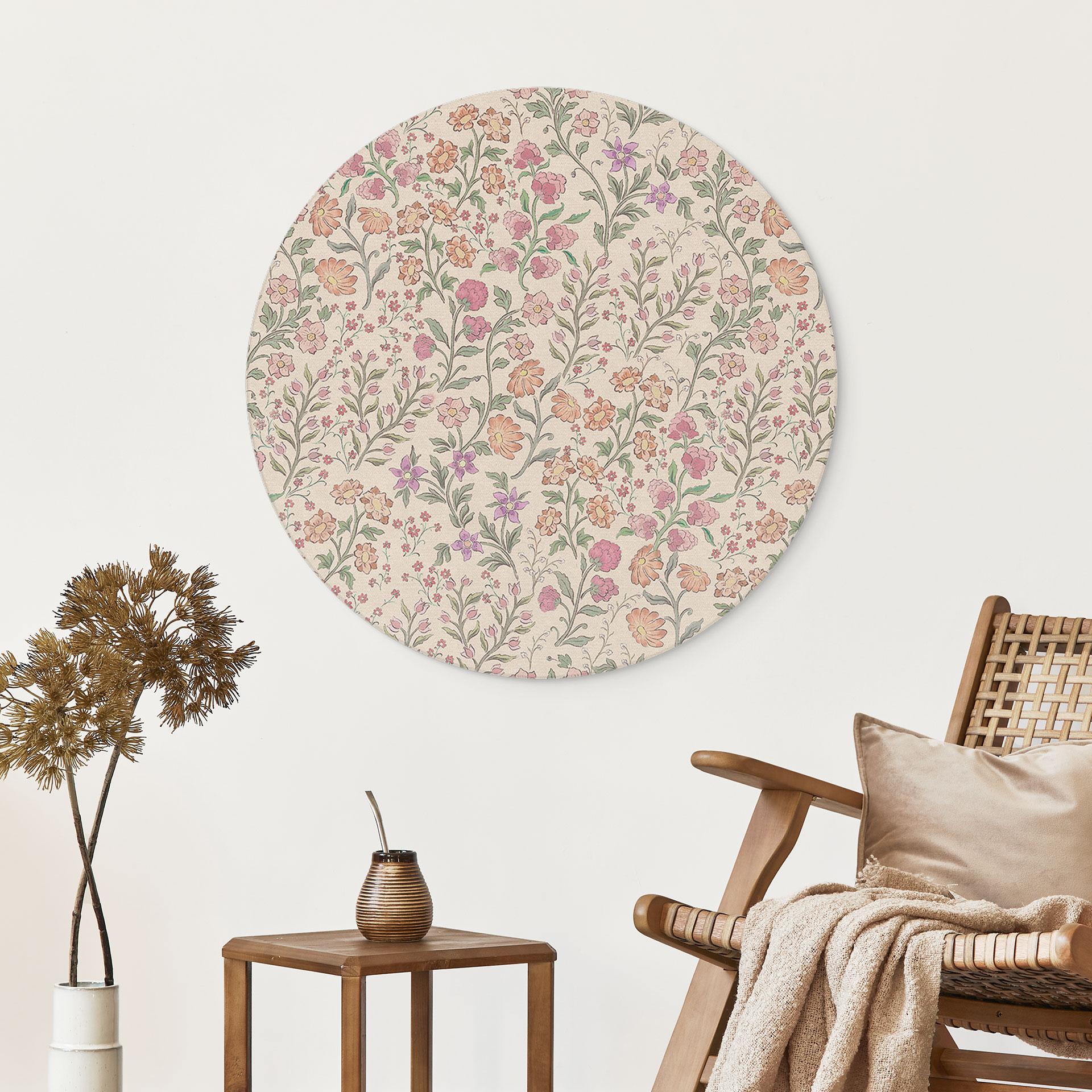 Billede af engblomster vintage - Beige - Blomsterdekoration - rund – print på aluminium (Alu-Dibond)