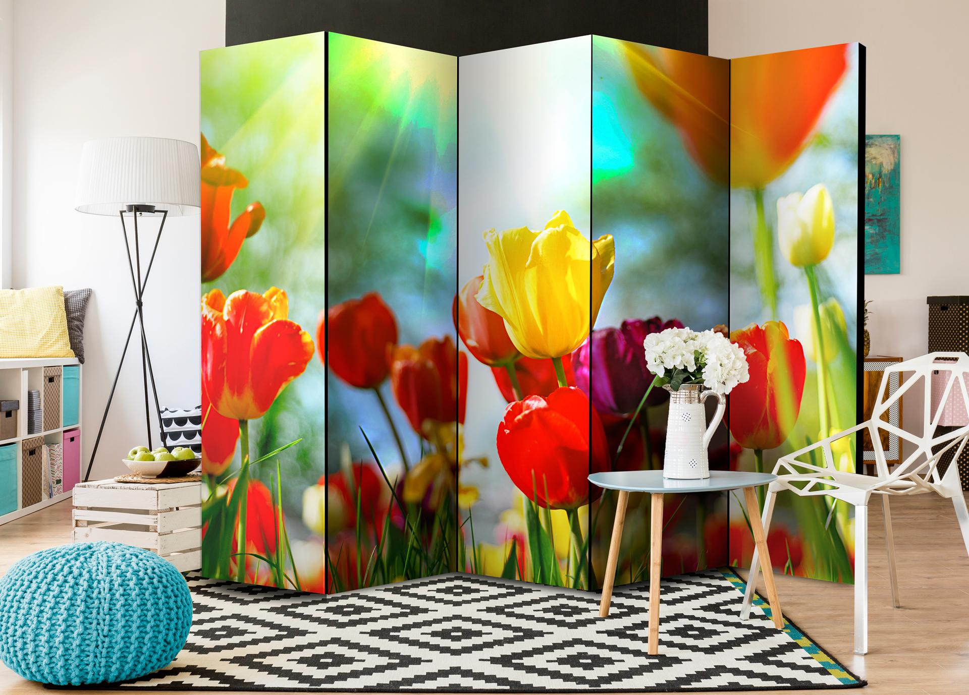 Divisorio per sala - Tulipani primaverili, 5 pezzi - 225x172 cm
