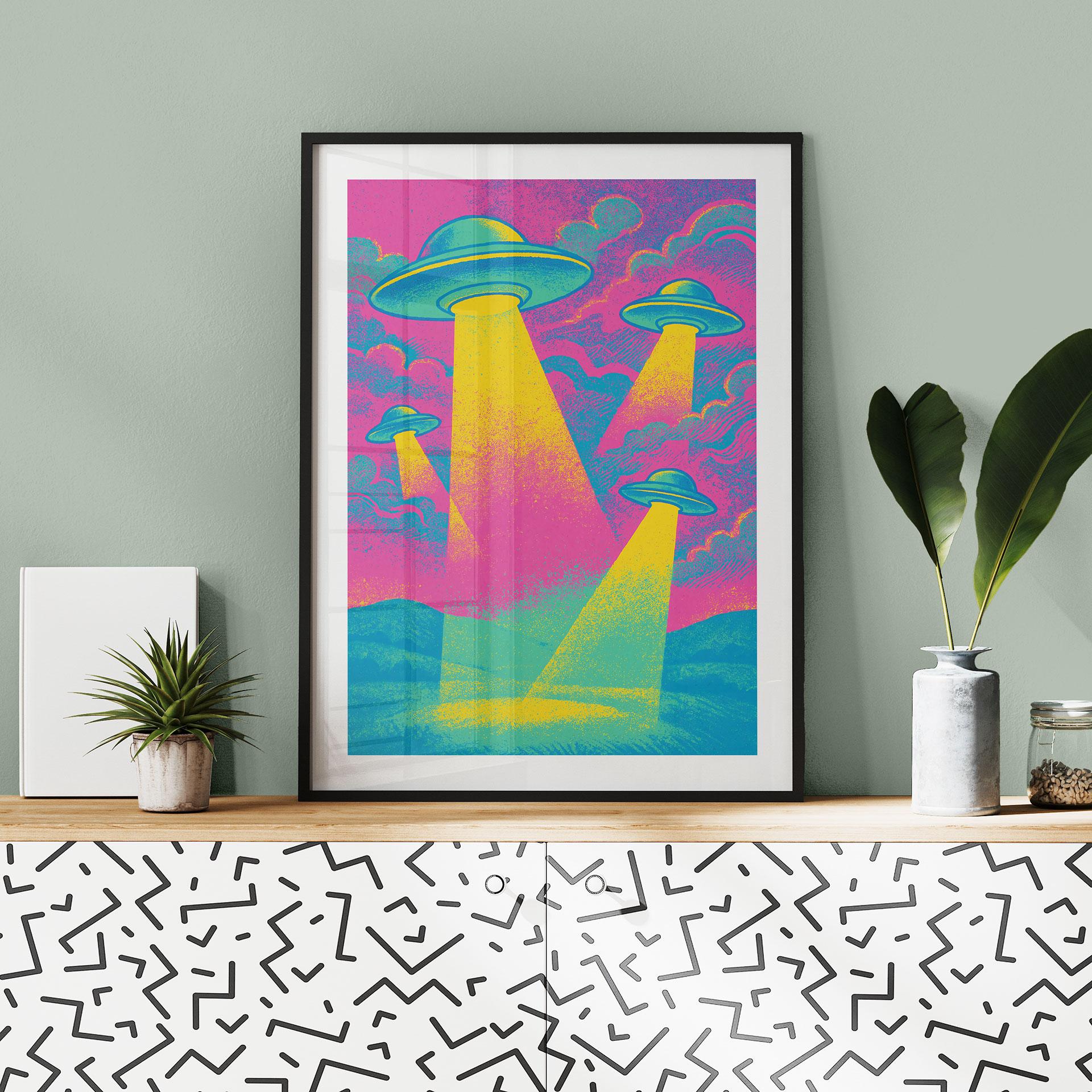 Plakat med UFO-landing i neonfarver - Treechild