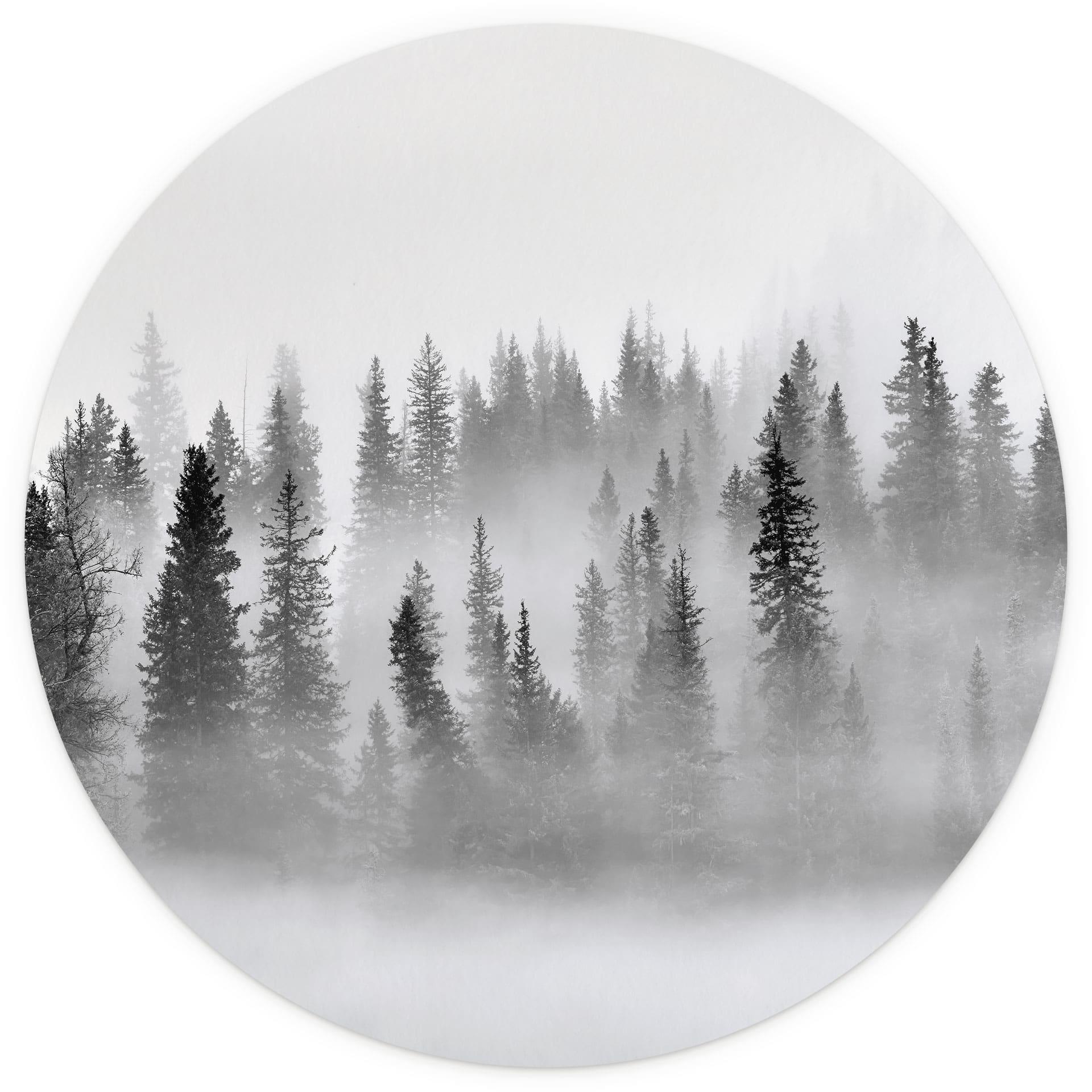 Wolkenbos behang in zwart-wit - Bosbehang rond - Xu - vliesbehang/zelfklevend vliesbehang