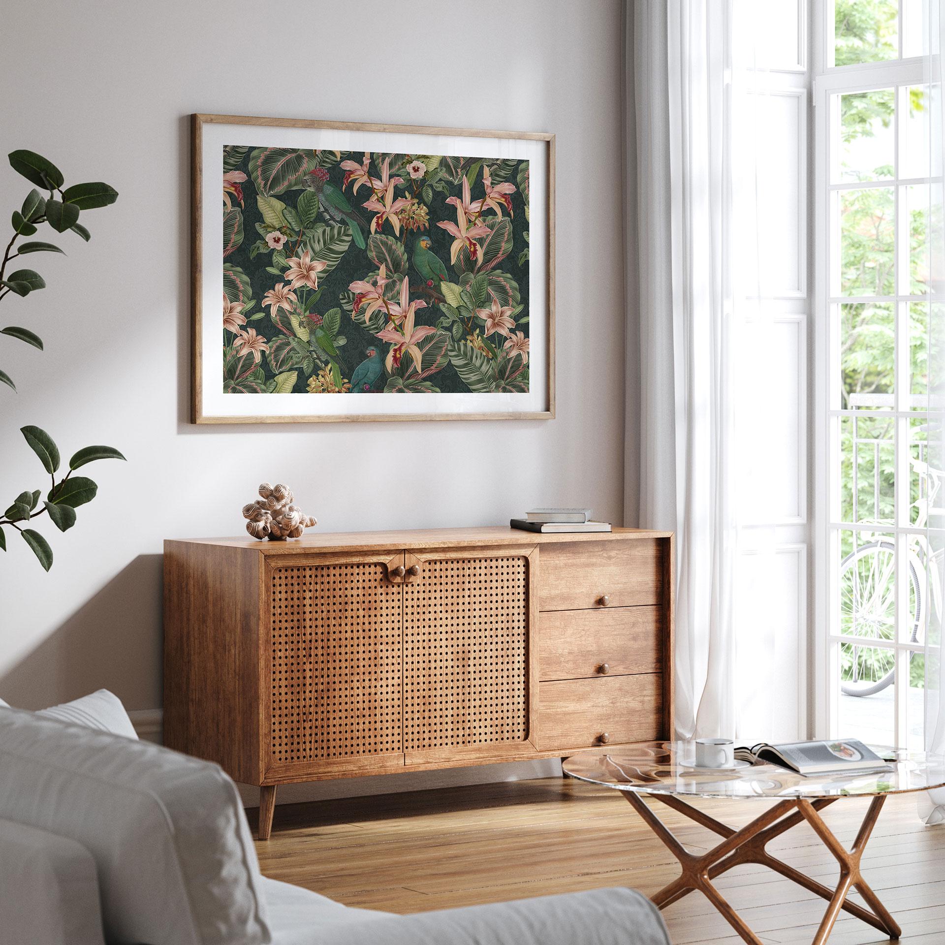 Naturplakat jungle med papegøjer natgrøn - Bloomery Decor