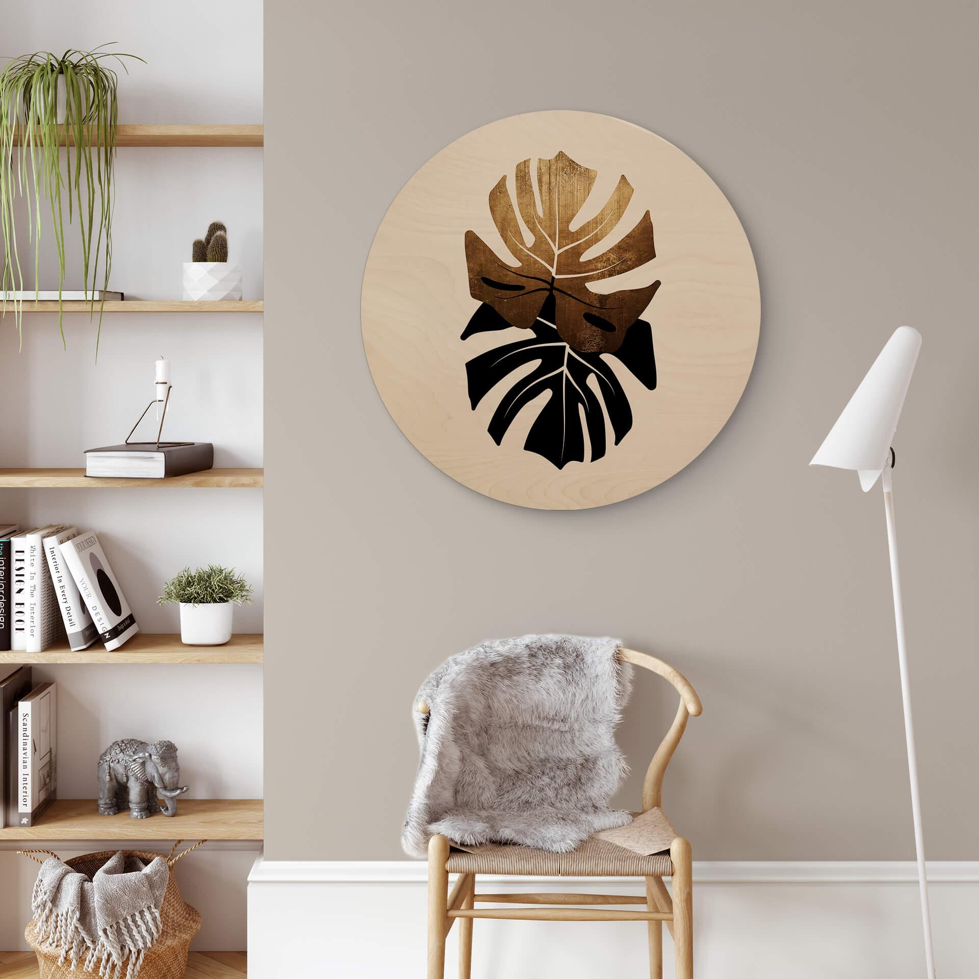 Wandcirkel Hout Kubistika - Black & Gold Monstera