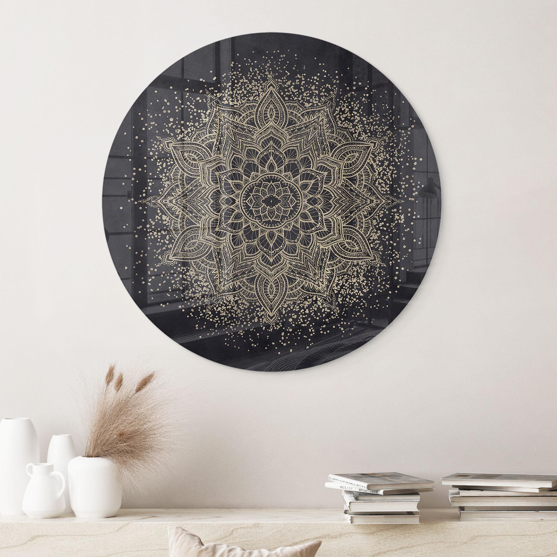 Glasbillede - Elegant mandala i sort og guld - Bloomery Decor - Round