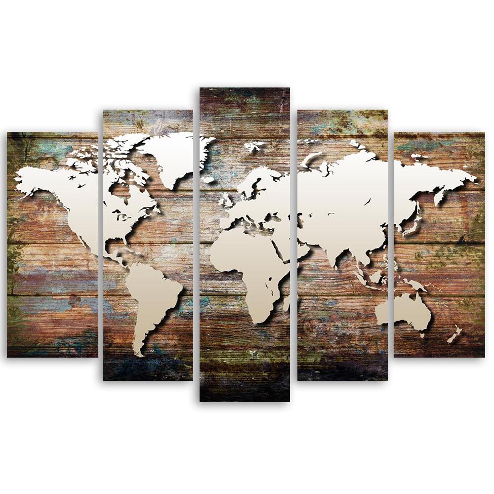 5-delige canvas print wereldkaart vintage bruin