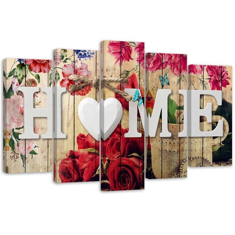 5 stykke lærredsprint Inscription Home With Rose Flowers