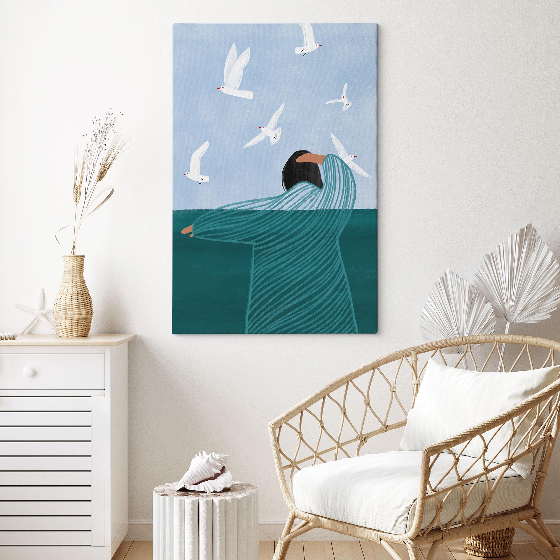 Canvasbillede kvinde med måger ved havet - Müller