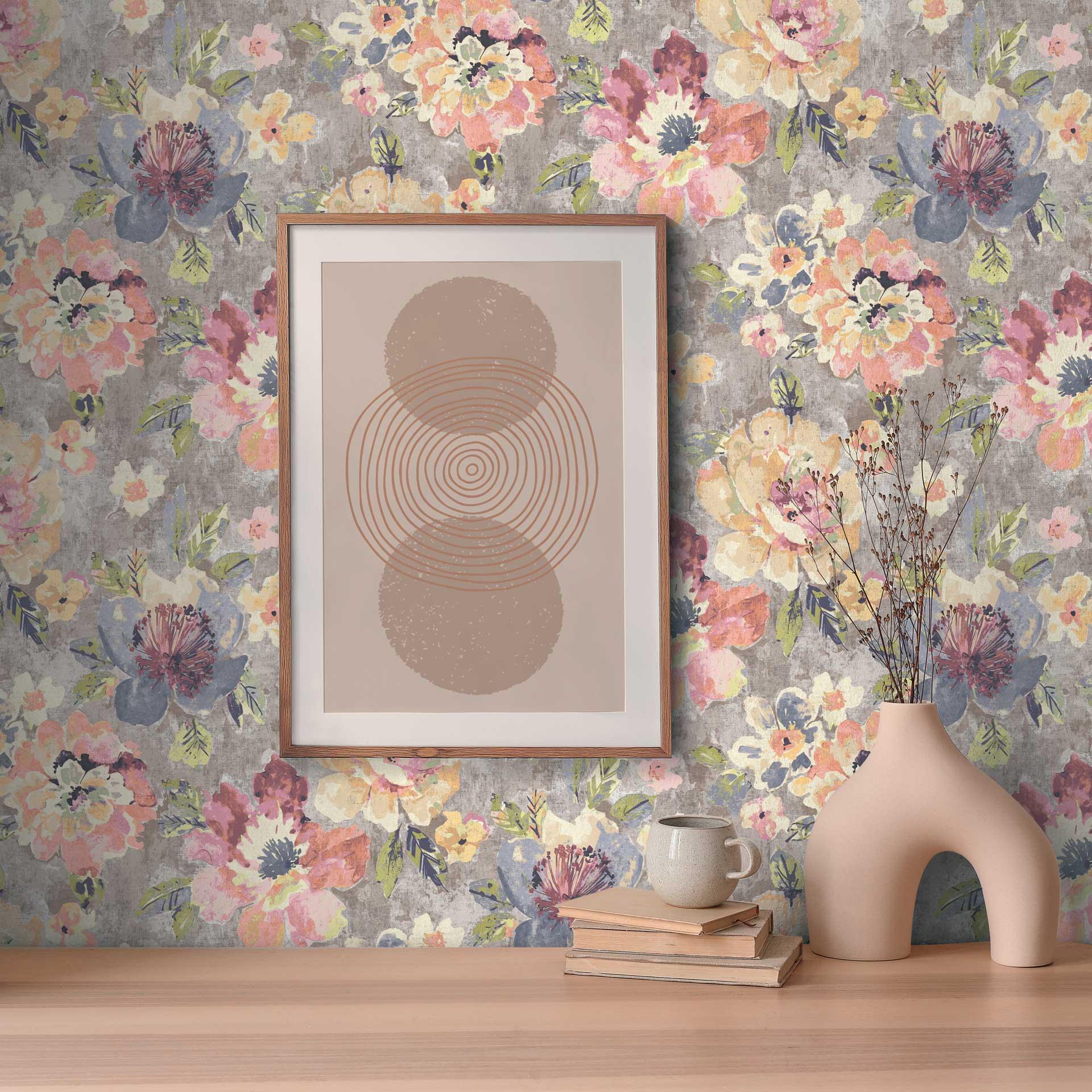 Papier peint fleuri Vintage pastel multicolore - papier peint à motifs floraux rétro - papier peint intissé