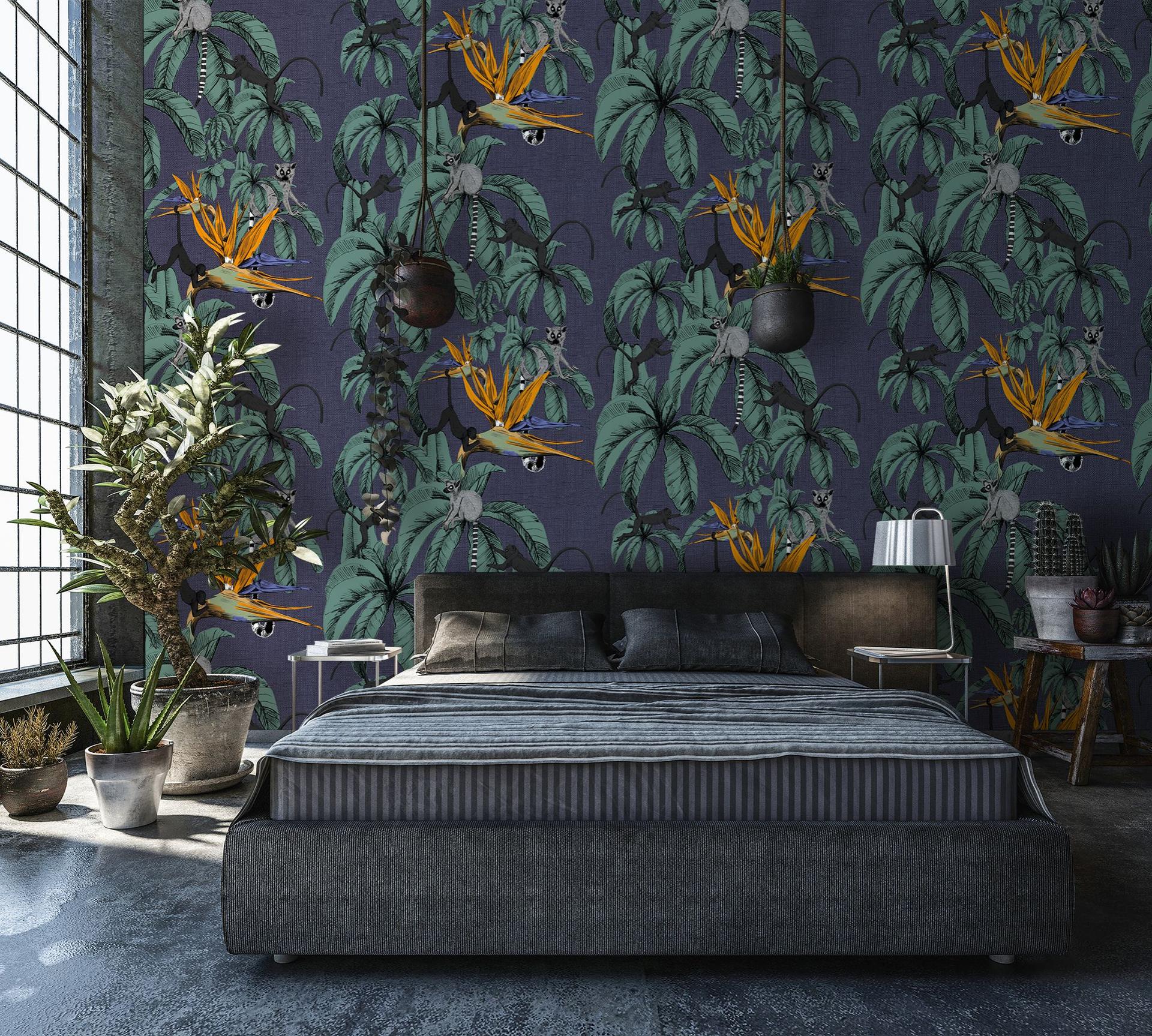 Fotobehang met apen en planten, blauwe illustratie 2.70 x 2.12 m