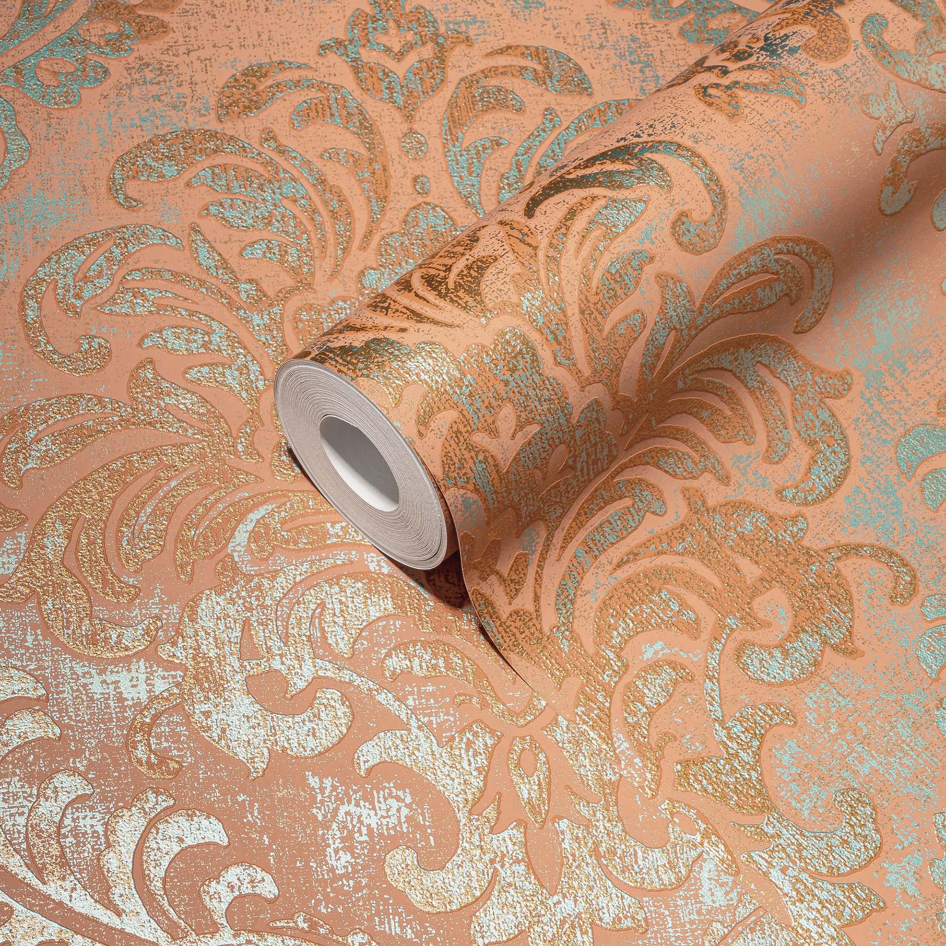 Barok behang oranje - vintage klassiek vliesbehang met ornamenten