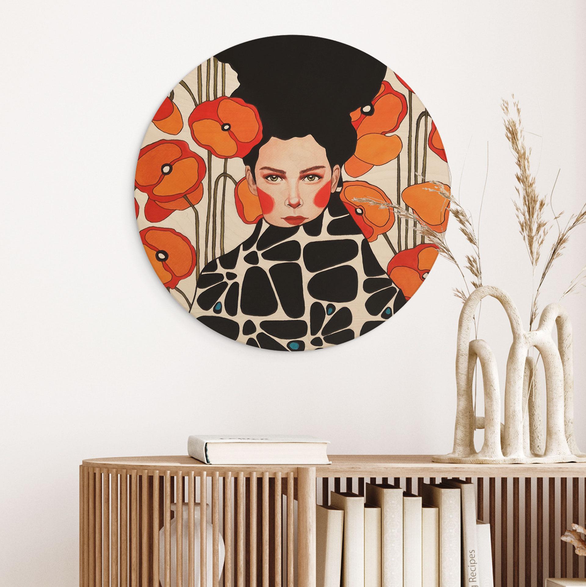 Billede af træ kvinde med retro valmueblomster - Hülya - Rund
