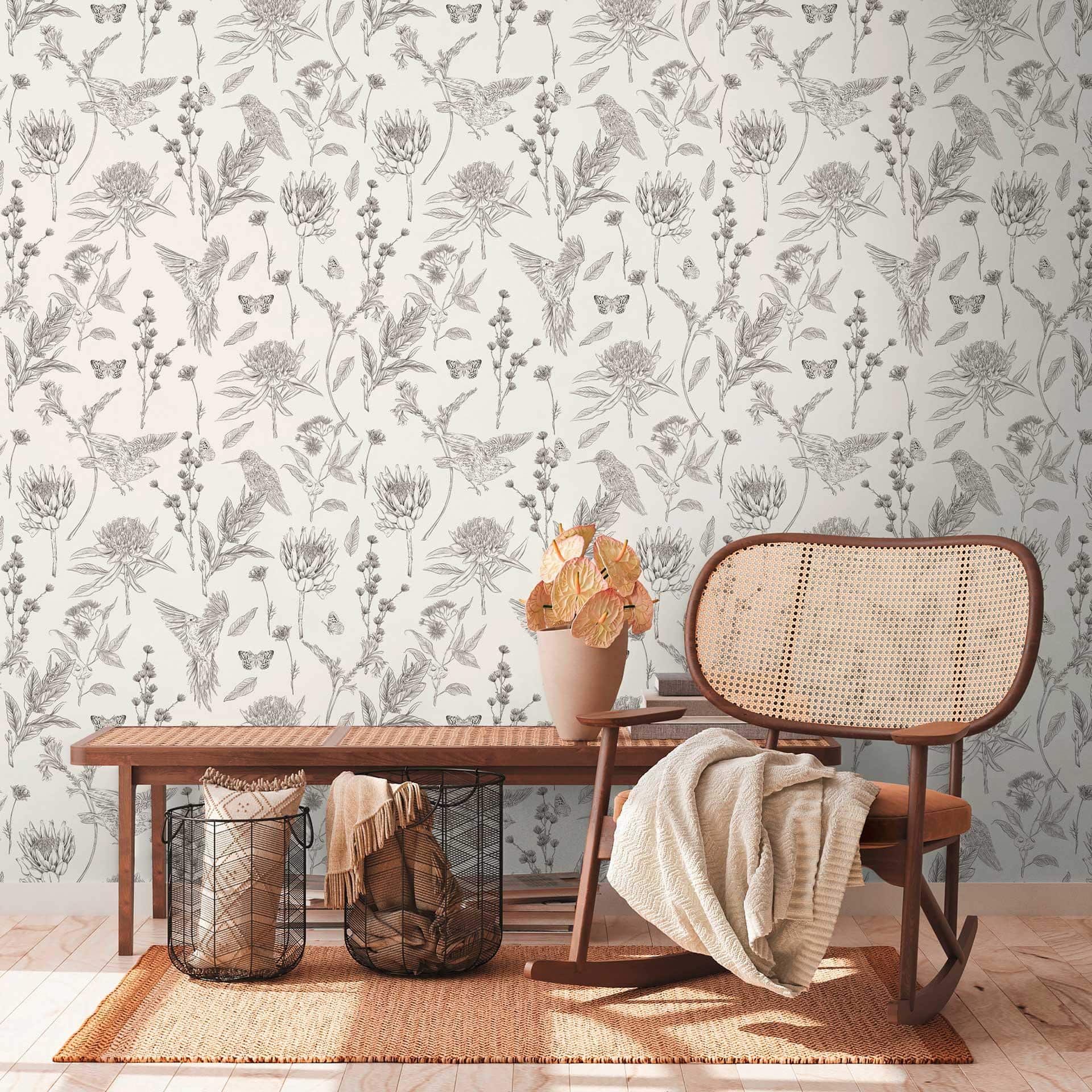 non-woven tapet med blomster og fugle sort og hvid - tapet med blomstermotiver