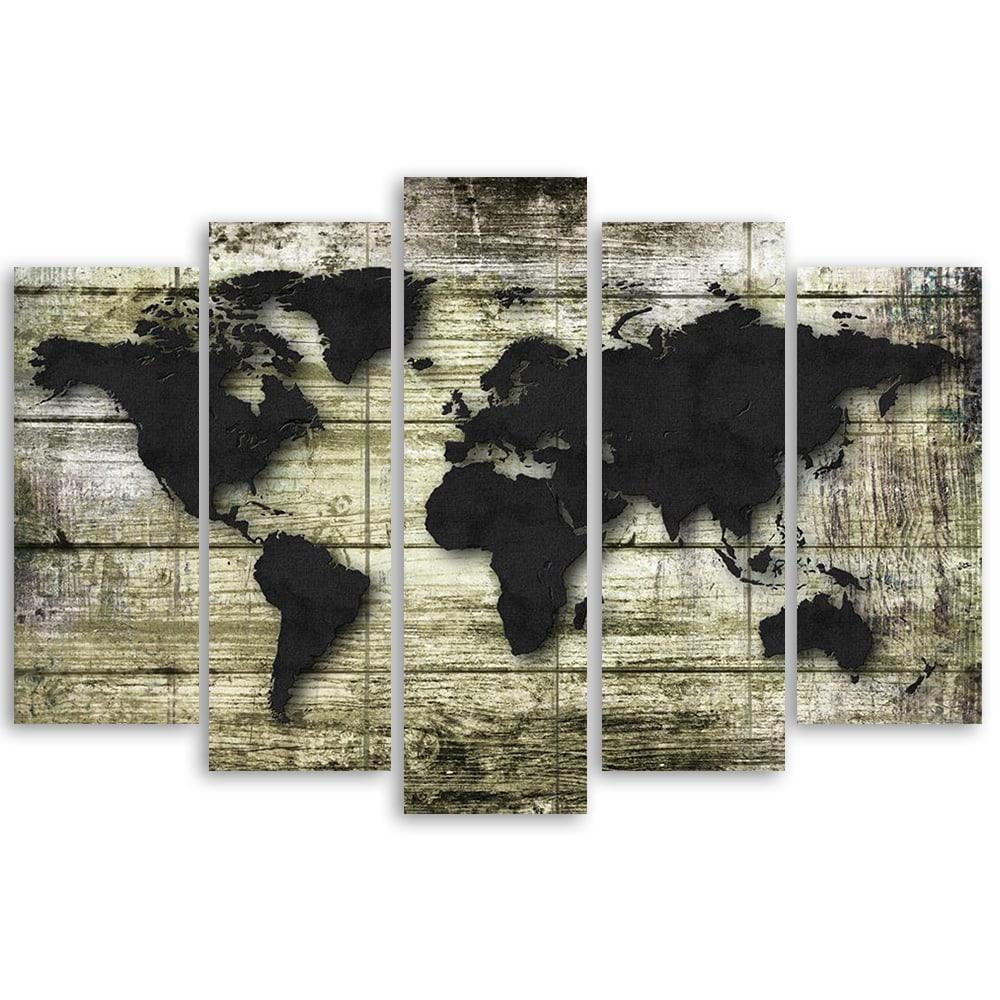 5-delige canvas print, wereldkaart retro hout