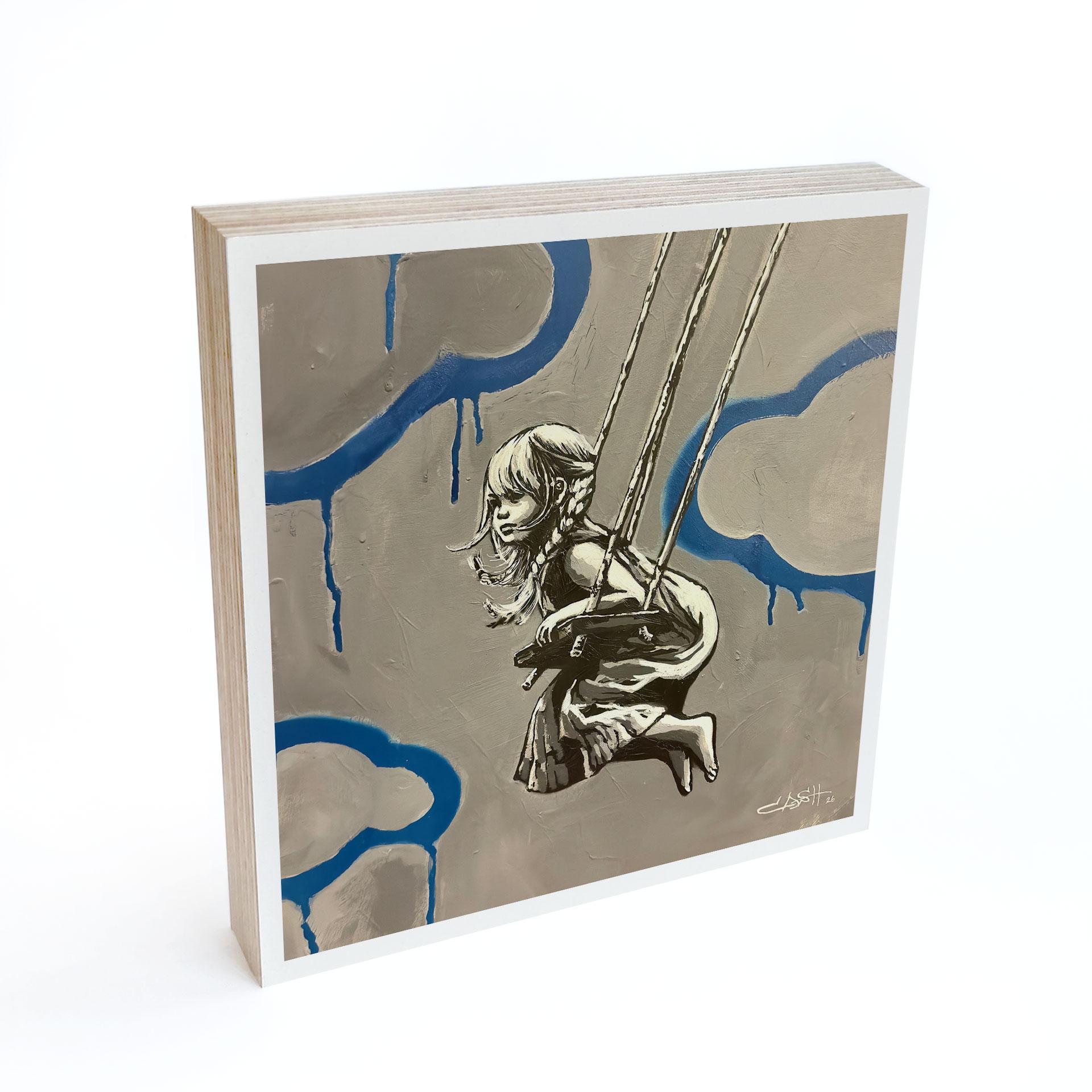 Holzbild zum Hinstellen Mädchen auf Schaukel Streetart - Habib - 15x15 cm