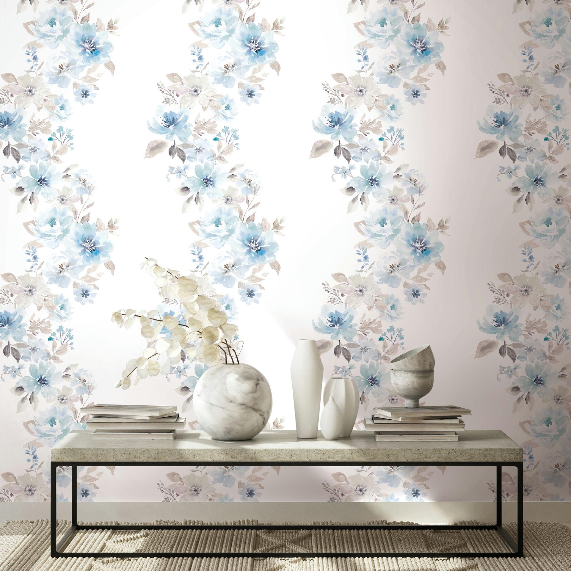Vliesbehang bloemen bloemen natuur, romantisch mat in wit blauw