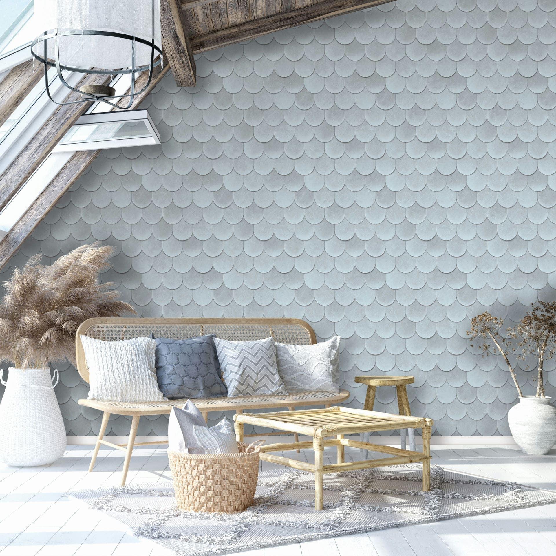 Non-woven tapet i blå 3D-look skalaer vintage brugt look geometrisk