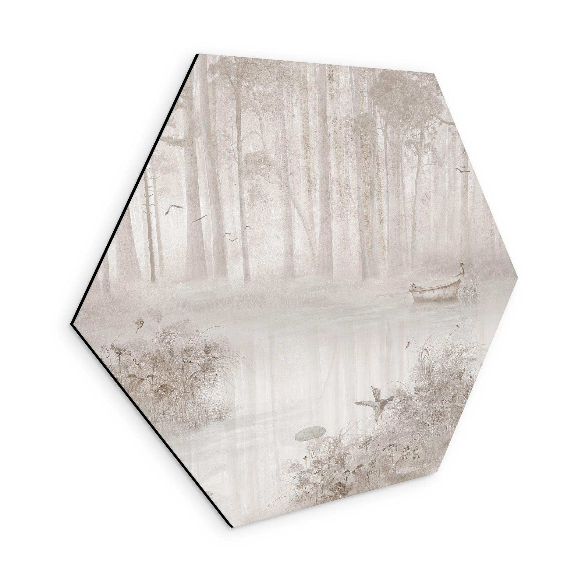 Wanddecoratie bos bij het meer in beige mist - Ms Tiff - Alu-Dibond