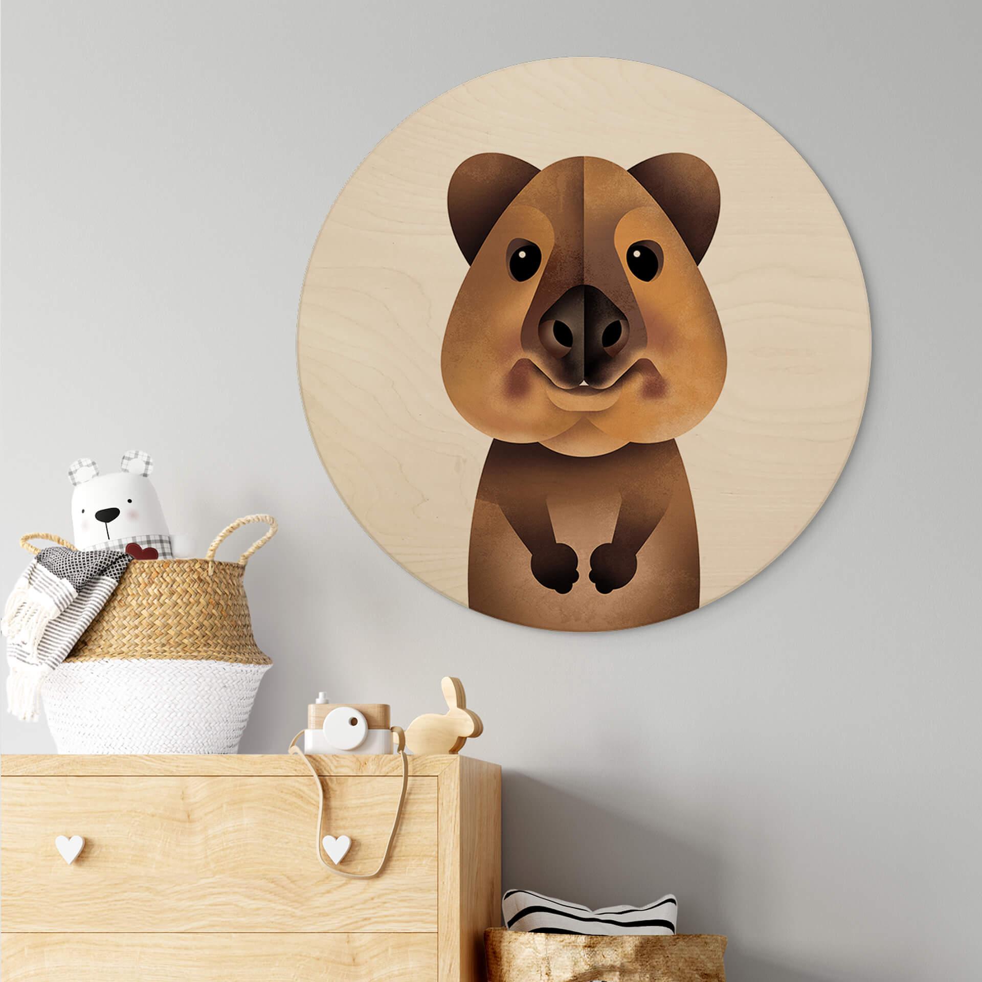 Kinderzimmer Holzbild Quokka - Tiermotiv Rund - Braun