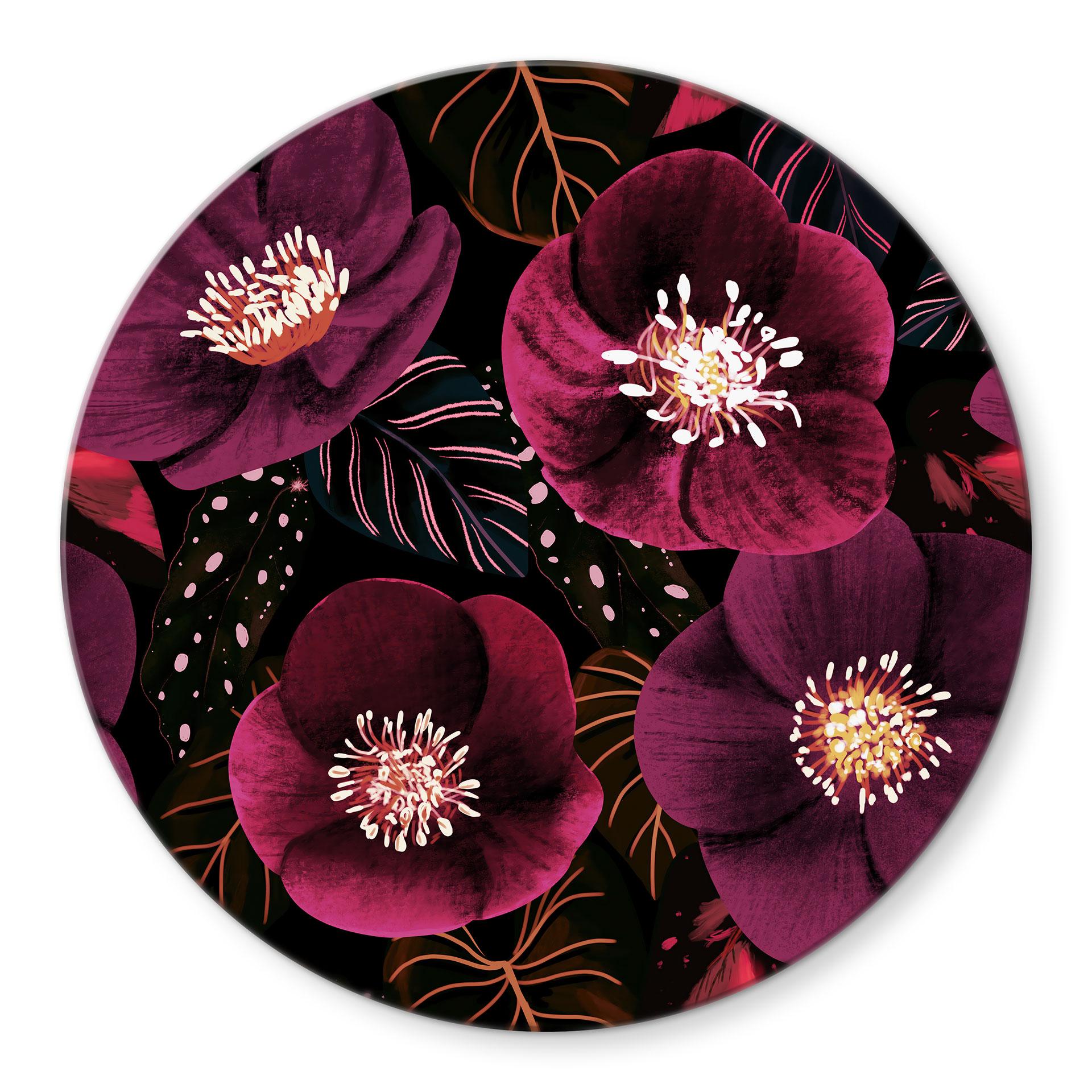 Glasbillede - Blomsterpragt i lilla toner - Anis illustration - Rund